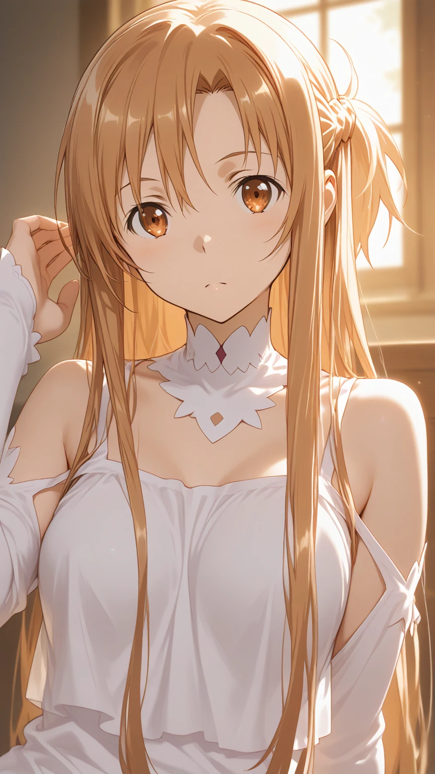 absurdres, high res, ultrasharp, 8K, {masterpiece}, expressive eyes, extremely detailed, best quality, perfect face, 1 girl, solo, yuuki asuna, kizukiai, brown hair, brown eyes, , long hair, braid, bedroom, , light smile, standing,