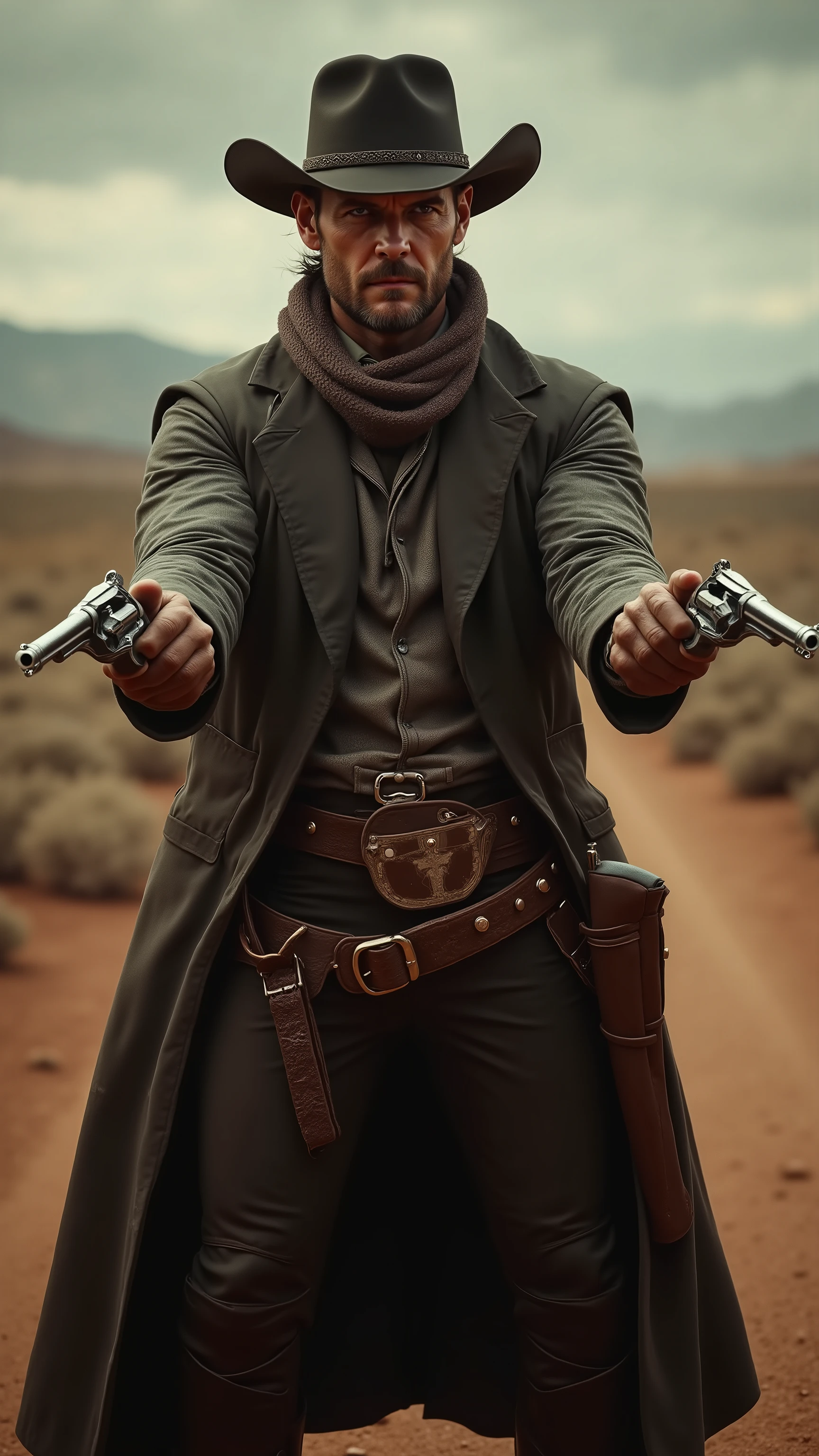 highdefinition images、HUNTER、the man、Bounty Hunter、Royal Road in Westerns、Silverado's Gunman、shooting with two silver handguns spread his hands left and right、