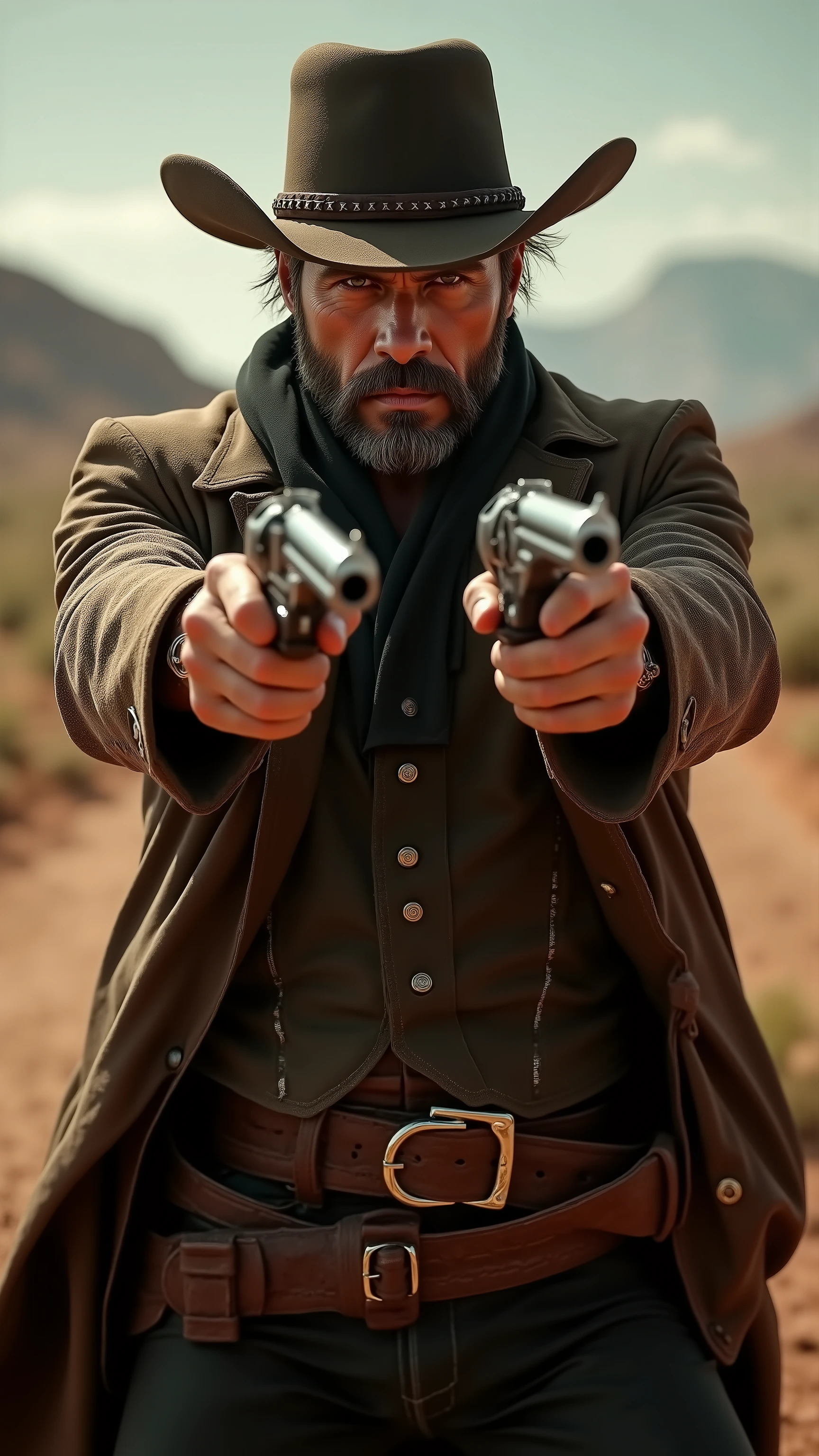highdefinition images、HUNTER、the man、Bounty Hunter、Royal Road in Westerns、Silverado's Gunman、shooting with two silver handguns spread his hands left and right、