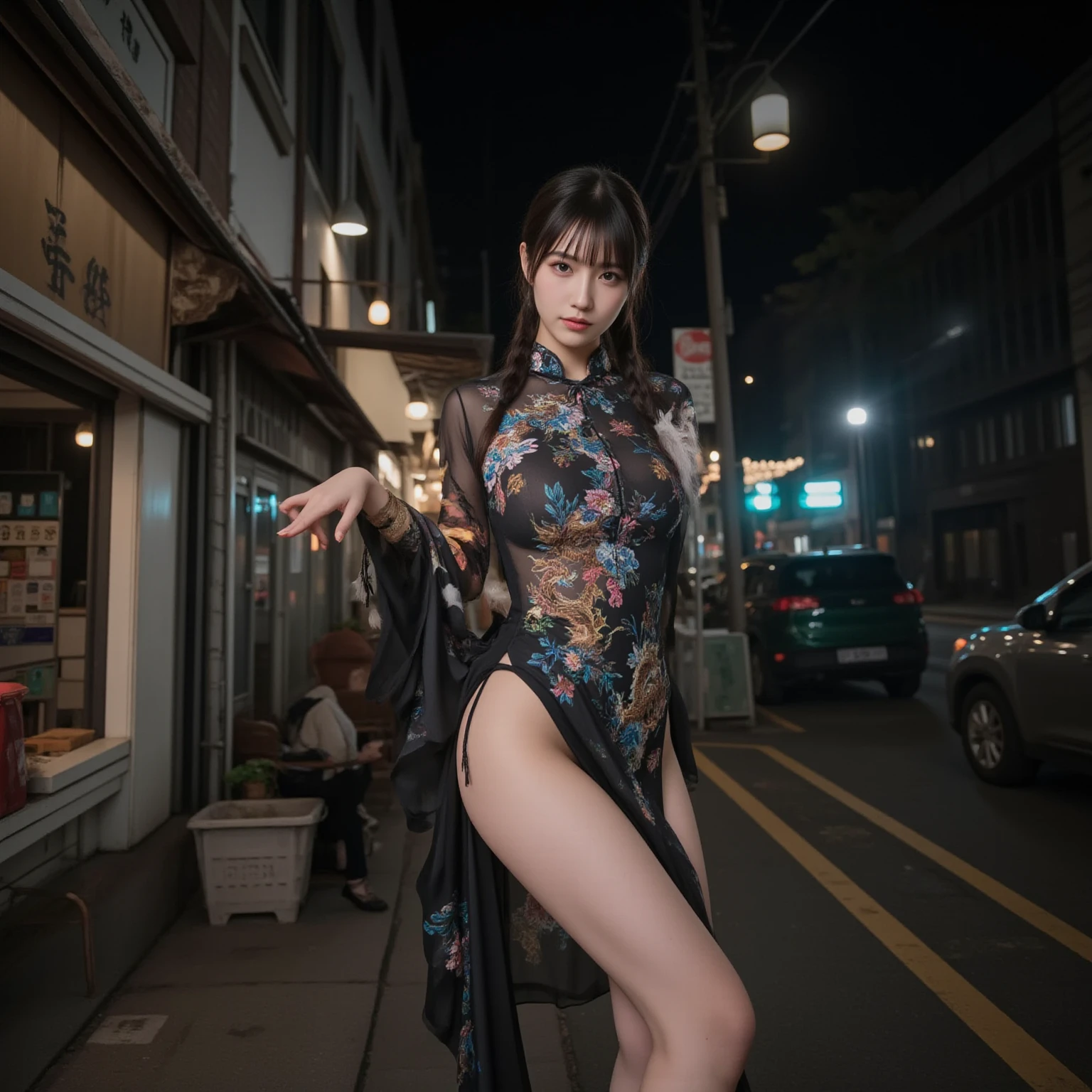 masterpiece,best quality,high resolution, 1 Girl,from below,(The legs are very thin and straight)，,(Very long legs，Straight Legs),,High heel,long legs,stand up, Leg length when viewed from the front, Perfect body,Have perfect legs,(Exterior)，Full Body Love，cyberpunk characters，dynamic poses，1 Girl，Exquisite eyes，Brown eyes，Eyeshadow，make up，Long gray hair， Detailed face， delicate eyes， Looking at the audience， blush\（make up\）， Plump lips， Red lips，（Long gray hair：1.3）， （stand up）Mechanical static，Machine Summoning，(Hair accessories:1.1)，Headgear，Chinese clothing，On cheongsam，(Black stockings，stockings garters)，Online Hanfu，White Coat，City，Luminous winding，glowing butterfly，cyberpunk lamp:1.1)，Neon，Fully mechanical and futuristic elements，science and technology，背景是一條中國傳統的street，China Town， street， sky sky， cyberpunk characters， Paper lanterns， Neon Super Resolution，（Reality：1.3），1（Slim：1.2），Dramatic Lighting，Vibrant details，Luxury Cyberpunk，Complex background，Octane Rendering