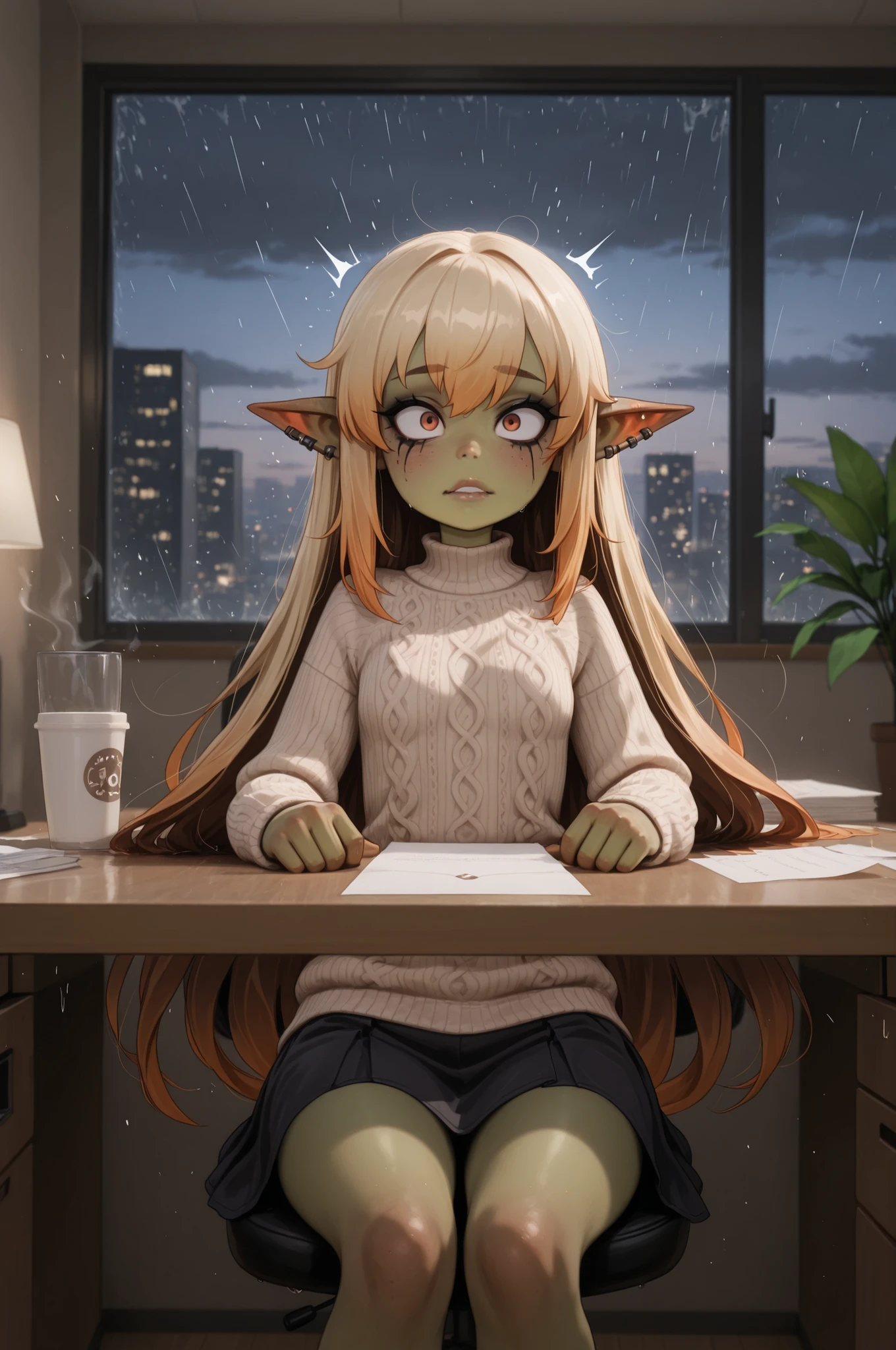 female punk, very long hair, rainbow hair, black eye , facial piercings, eye makeup, flat breasts, meduim hips, (goblin girl:1.0) (shortstack:1.0) (green skin:1.0) Portrait of a woman in a modern office after receiving unexpected layoff news, medium shot focusing on emotional expression. She sits at a cluttered desk, slumped slightly, gaze distant and unfocused. She wears a thick knitted sweater in muted grey and a long, loose‑fitting skirt in earthy brown — comfortable yet professional attire. Her hands rest limply on the desk, near a printed termination letter, a half‑empty coffee cup, and scattered papers. In the background: frosted glass office doors, blurred cubicles, and a window showing a rainy cityscape at dusk. Soft, cold fluorescent light contrasts with warm amber glow from a desk lamp, creating dramatic shadows. Subtle details: a personal photo in a frame, a small plant starting to wilt, a partially packed cardboard box. Expression blends shock, disbelief, and quiet anxiety; eyes slightly glossy, lips parted as if caught mid‑thought. Photorealistic style, 8k resolution, detailed textures (knitted fabric, paper grain, glass condensation), cinematic lighting, muted colour palette with cool blues and greys accented by warm wood tones. PG‑13 tone — no overt distress, emphasis on internal struggle and uncertainty. Professional composition, shallow depth of field, best quality, atmosphere of sudden change and quiet introspection.
