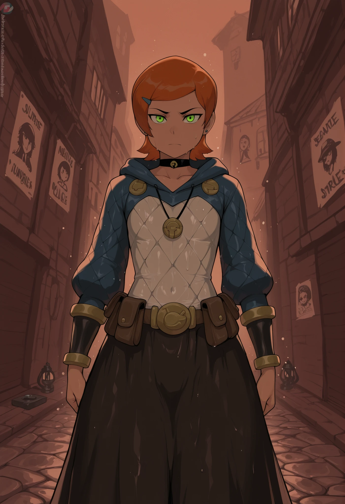 Gwen Tennyson . ginger . short hair . green eyes . flat breasts, flat chest, huge hips . slim body . choker . | Dark fantasy city at dusk, lone bounty hunter moving through narrow cobblestone alleys, non‑transparent practical attire (long reinforced skirt layered over trousers, hooded padded tunic, leather bracers), weathered but purposeful expression, cold determined eyes, dim gas lamps casting elongated shadows, mist rising from damp streets, silhouettes of gargoyles on ancient buildings, faint glow of distant tavern windows, utility belt with pouches, coils of rope, and hidden blades, subtle magical aura (faint glyphs on clothing, glowing tracker amulet), stray cat darting across the path, faded wanted posters on damp walls, atmosphere of constant vigilance and calculated risk, PG‑13 tone (no explicit violence, implied danger), photorealistic style, 8k quality, muted color palette with splashes of crimson and gold, detailed textures (worn fabric, metal fittings, wet stone), cinematic low‑angle lighting with high contrast, professional composition, focus on silent intensity and professional resolve, best quality, sense of hidden stories and unspoken threats.