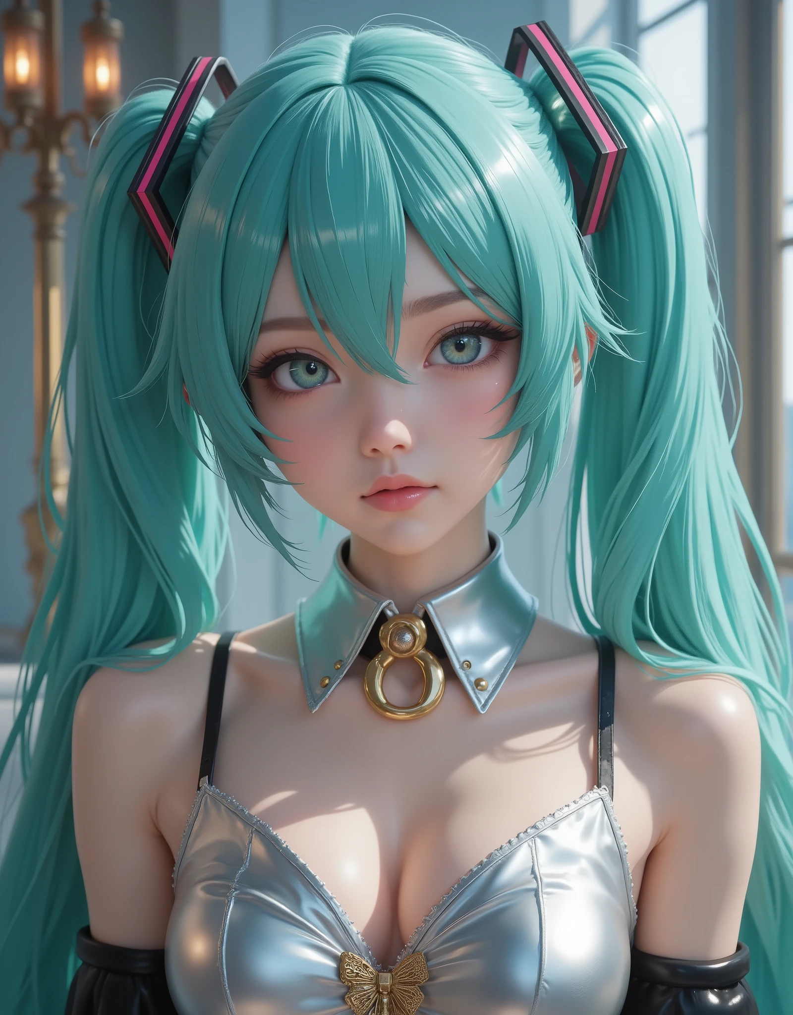 close up (hyperrealistic) The ((Hatsune Miku)),rostro hermoso,hair ((verThe esmeralda)),((very long twin pigtails)),eyes granThes,eyes ((verThe esmeralda ultraThetallados)),Thetalles finos en el rostro,pestañas largas y Thefinidas,textura realista The piel,subtle sparkles on pale skin like porcelain,emphasized bust,perfect anatomy,Sleeveless silver shirt,hombros Thescubiertos,mangas The campana negras,corbata The cuello verThe esmeralda,short black pleated skirt,Thigh-length black tights,(RAW photo),(photorealistic),(hyperrealistic),(masterpiece),(High Quality),(Thefinición 8K),(ultra Thetallada),(resolución absoluta),(Thetalles exquisitos),(hdr),realistic style,iridescent effects, surreal background,cinematographic lighting,contraste dinámico The luz y sombra