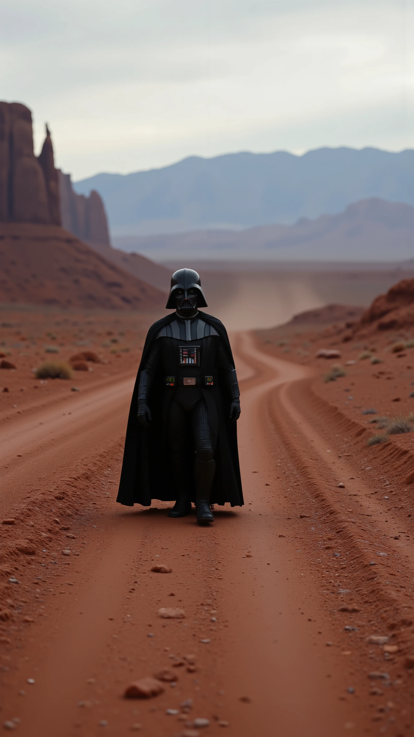 highdefinition images、walking along an unpaved path in the desert、Darth Vader、Monument Valley views