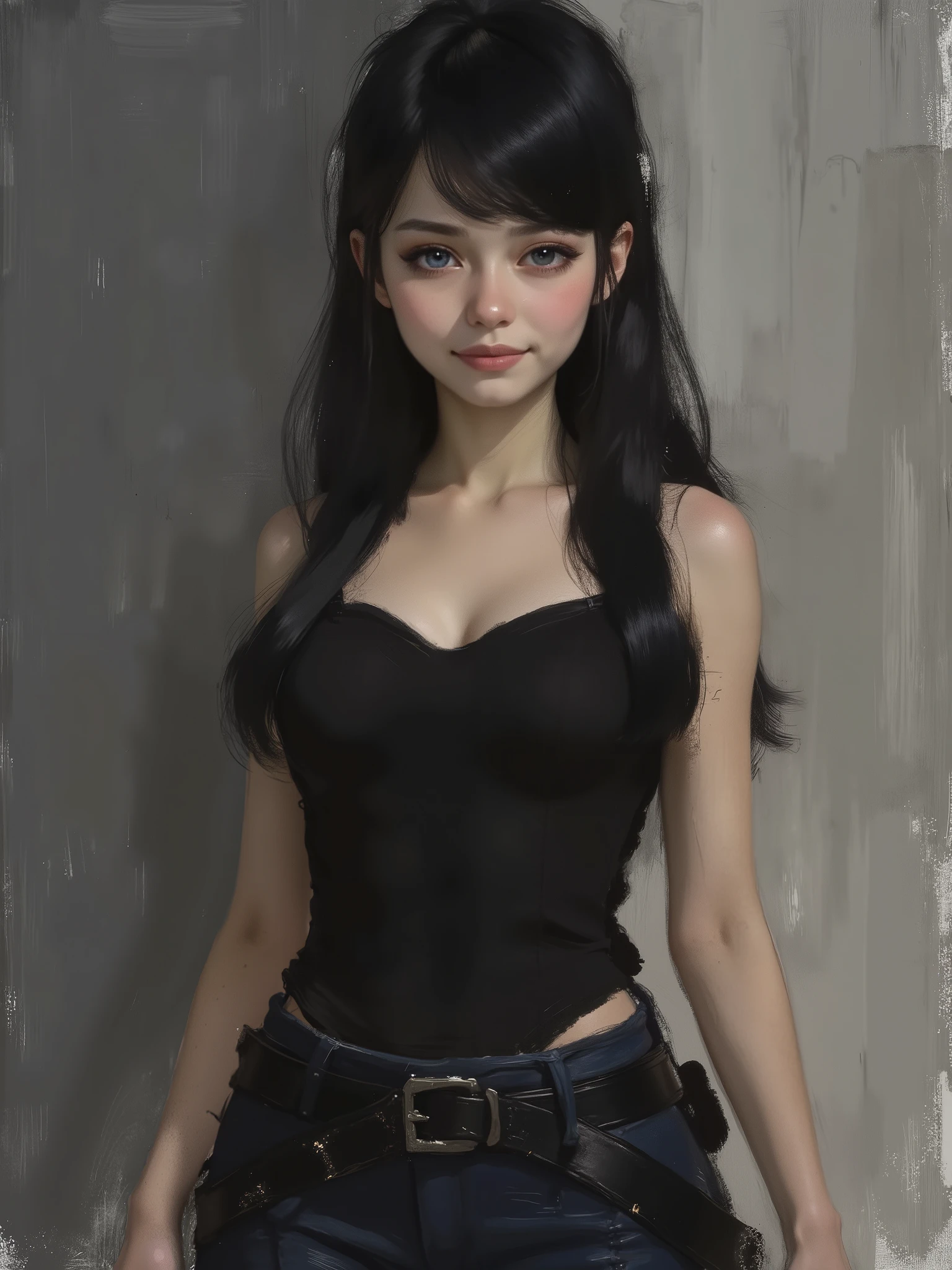 sketch painting, marinette Dopanchan, niji, gothic, erotic, anime, A very beautiful and cute 22 year old woman with a slight smile. (((Shy smile))), sharp focus on the face, (((Western eyes:1.5))), (((Extremely detailed ice-blue eyes, beautiful eyes, beautifully detailed eyes))), (((delicately detailed thin pink lips))), (((long hair, shiny hair))), (((black medieval steampunk style sleeveless t-shirt))), (((Dark Blue medieval steampunk style leather warrior pants))), (((full body view, dynamic pose, standing:1.5, graceful pose))), (((The background is Dark Gray and painted with expressive, visible textures using dynamic brushstrokes and strokes that add depth and movement. The paint covers only the area just behind the subject. The outer edges of the image with black margins, as if the background had been painted with a brush and with expressive and visible textures using dynamic brushstrokes and strokes fading toward the edges creating a modern and artistic vignette effect))). Cinematic lighting, soft depth of field, (((masterpiece/high resolution/Best Quality/top quality/high quality/UHD/16k quality))), sharp focus, no blur, film grain, bokeh.