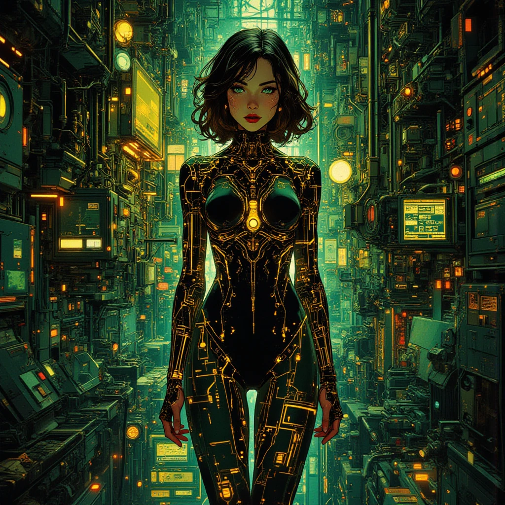 Real futuristic cinematic setting of an elegant android man,  With short hair, radiant eyes, your body covered by traced circuits and vaguely visible internal holographic displays, emitting an intense and rhythmic glow in shades of blue and olive green. When light hits its surface, the body reflects an intense silver glow, illuminating its structure. Traces of light emanate from its edges, forming intricate, aligned patterns that resemble a digital aurora. The background is a dark space station, illuminated by neon, with minimal illumination, ensuring that its luminous and reflective form stands out as the focal point of the scene.