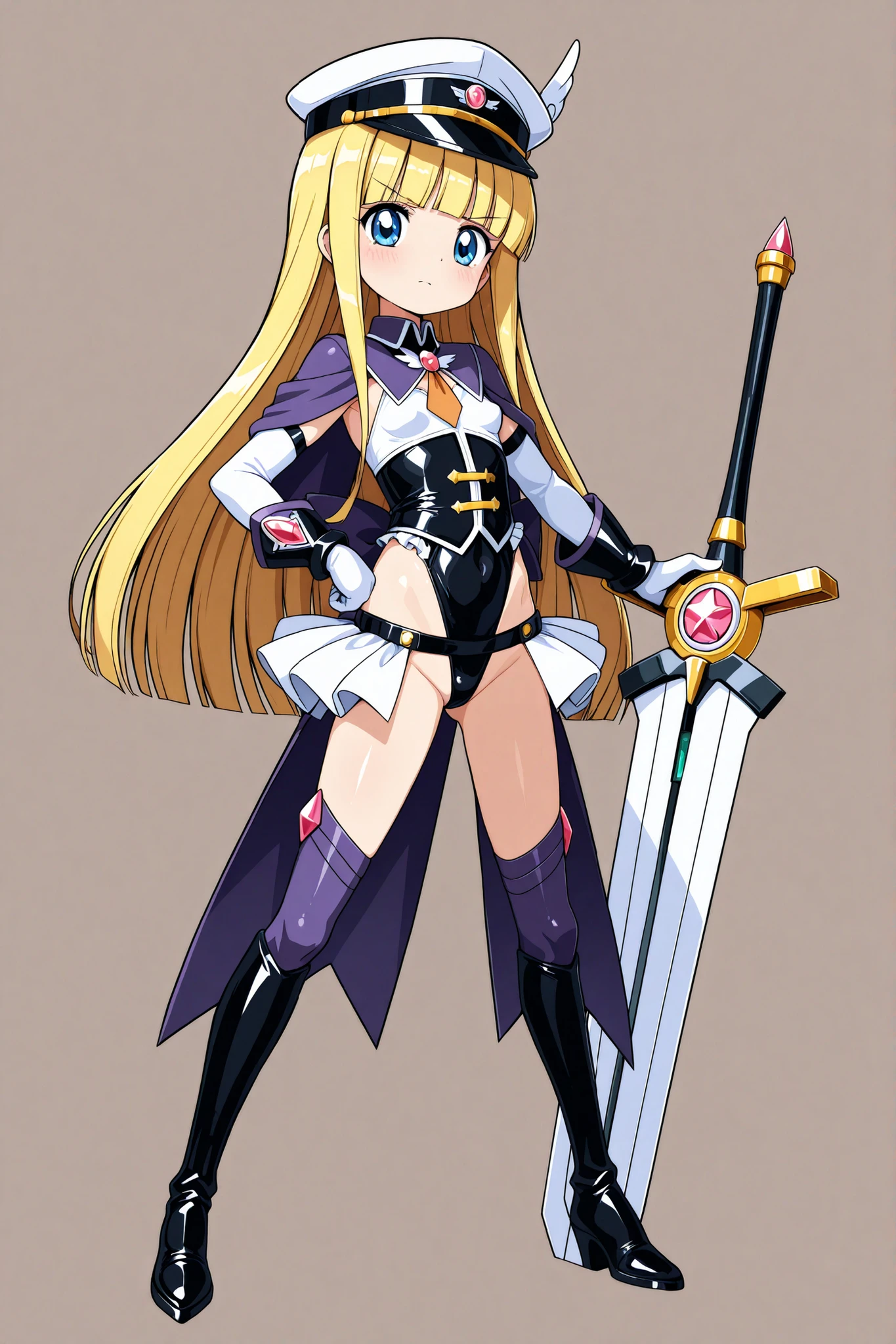 young small girl, straight hair, long hair, small , military magical girl outfit, highleg:1.1, simple background, full body, kuroinu style:1.1, broadsword