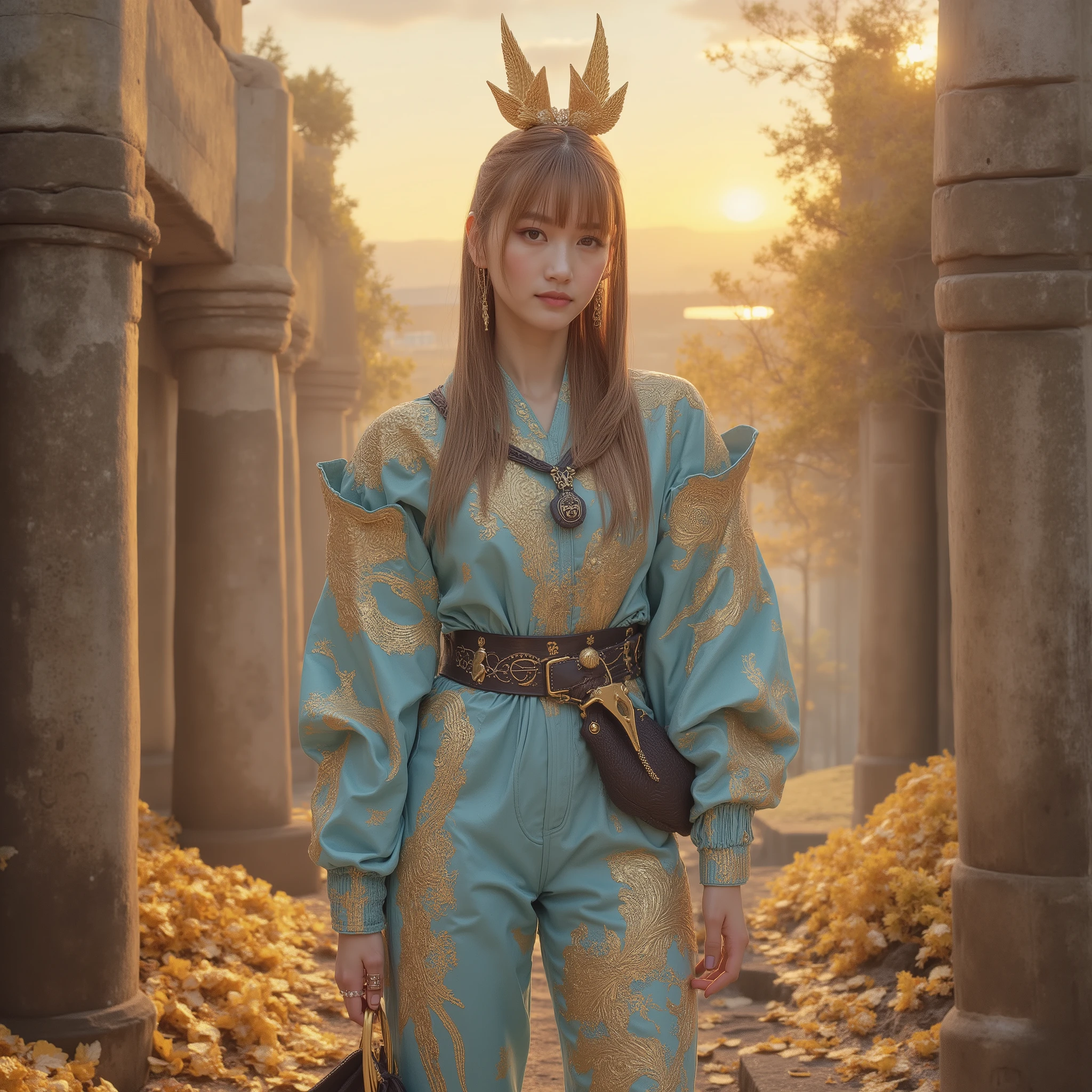  Japan's top bounty hunter idol,、Surrounded by luxurious gold bars,、、 wearing a meticulously crafted hunter-inspired outfit,、、standing with a confident expression、 wearing futuristic hunter gear,、 wearing a sky blue jumpsuit with gold accents.、、super clear focus、Practical Belt Pouch、full body shot from head to toe、 against a sunset cityscape,、mystical atmosphere、Dramatic Lighting、slim and slender body、classic texture、8K Photorealistic、misty atmosphere、Mysterious Ancient Ruins、dramatic configuration、photo-like texture、