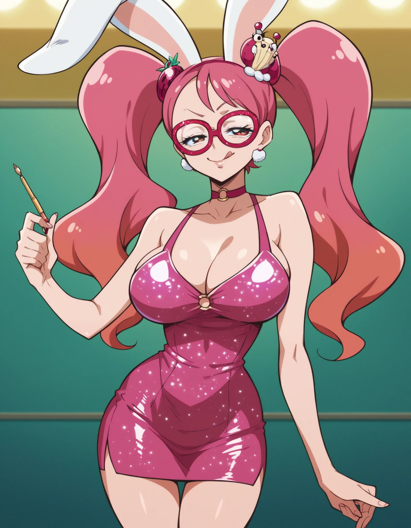 One Woman、Braided twin tails、Huge breasts、（Huge breasts：1.8)、Glasses、blue eyes、Green Hair、,が見えている,の,String ,Pubic hair sticking out，Pubic hair sticking out， are ,The  are ，Knee socks、hat、ribbon、belly button、hug、Shoulder ,黒Knee socks、indoor、A bow tie、Front zipper leotard、Wrist cuffs、- Detachable collar、Blue rose、Playboy Bunny、青いhat、blue flower、hatの花、Blue leotard、The front zipper is open,Iron Tentacles, Mechanized Tentacles ,Mechanical machine, Mechanical , Mechanical ,Mechanical tentacles，（2-hole 　）,　,　,Tentacles under clothes　tentacles under clothes