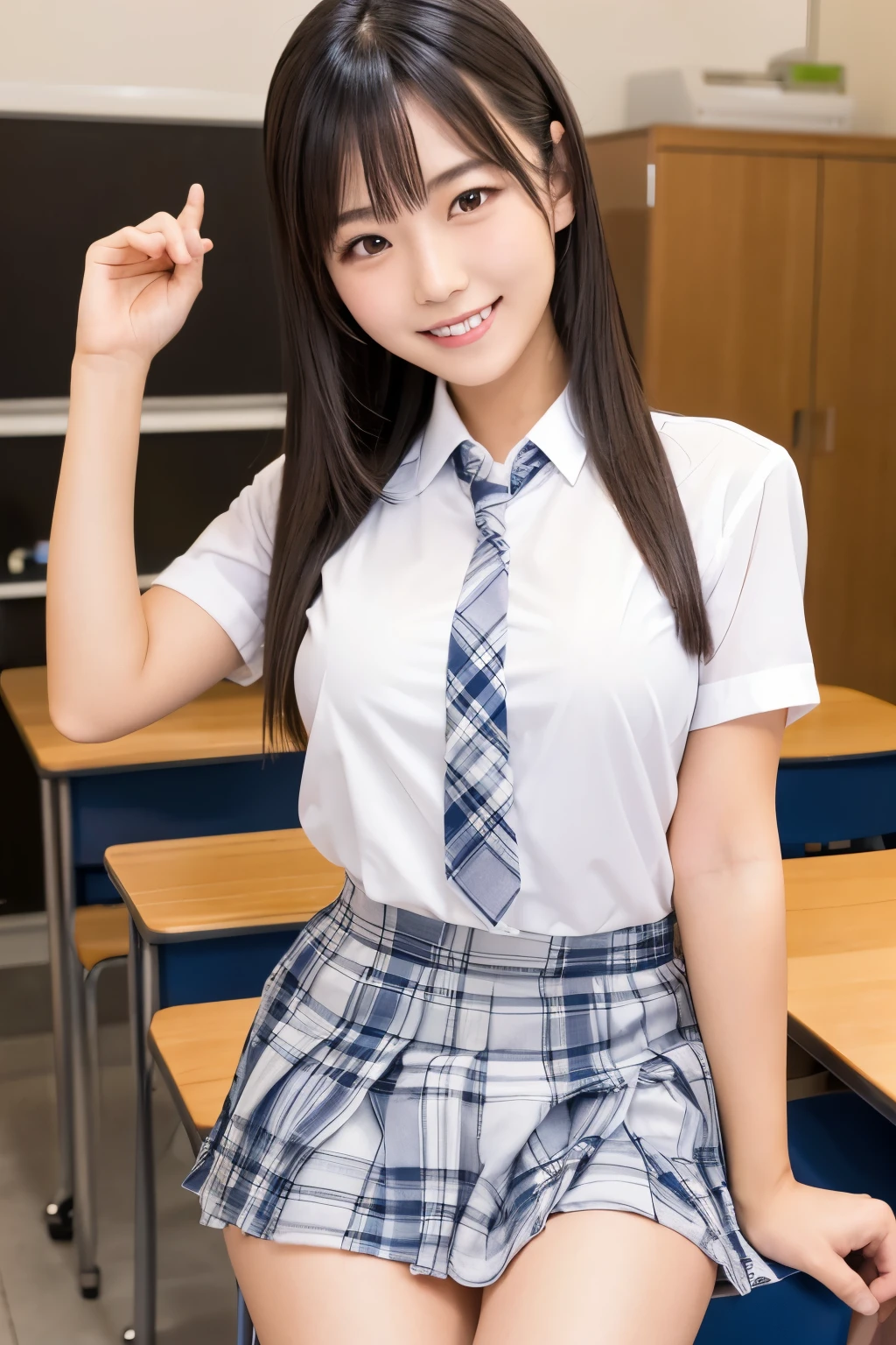 top quality, 8k, face to face with a very delicate and beautiful, highly detailed face and skin textures, glossy skin, High Resolution, Sexy Japanese girl wearing a white shirt and checked skirt with a big smile in the classroom, sharp focus