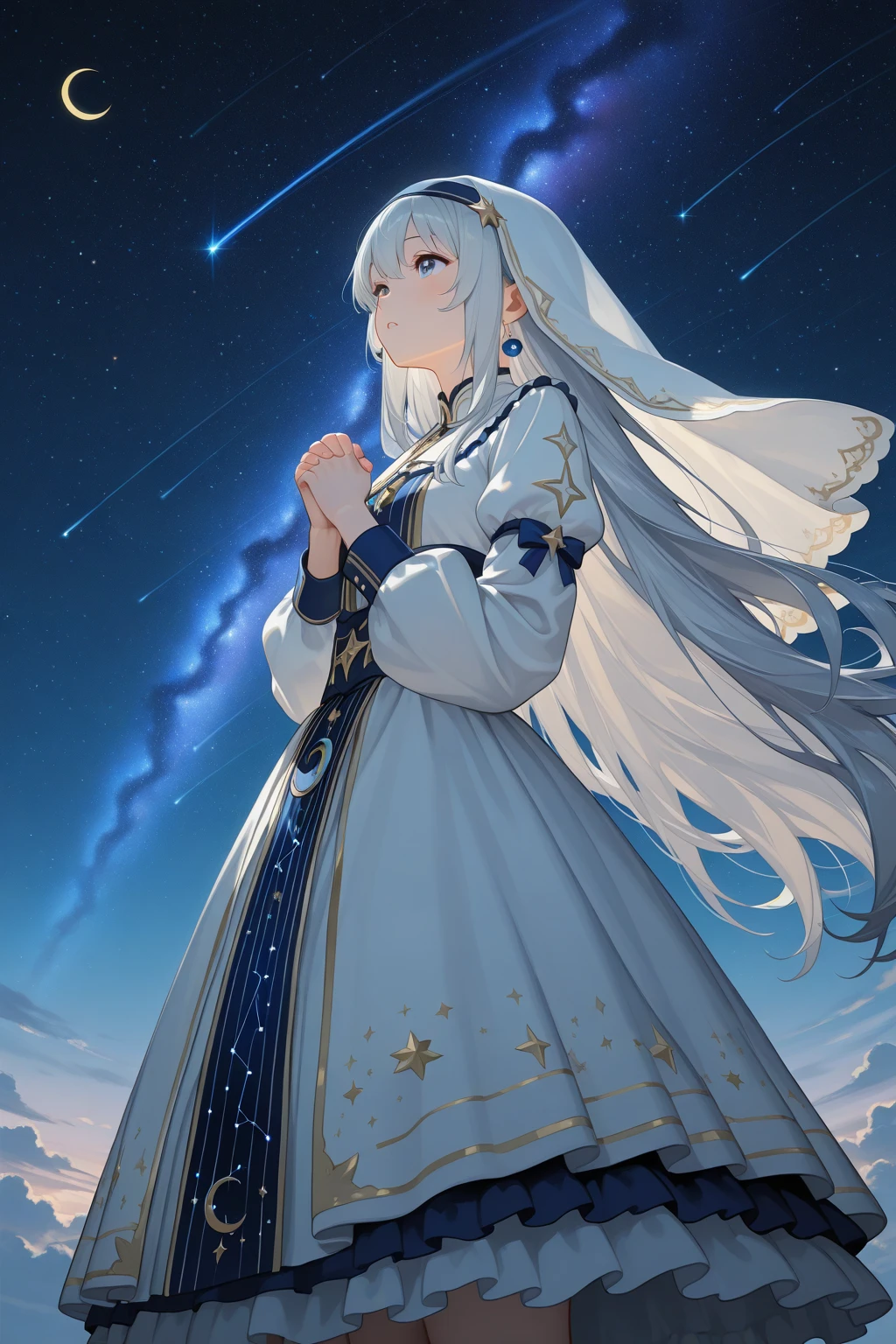 Name: Astoria Stellaracrest
Element: STELLARA
Description: A brilliant sky mage from the Celestial Academy. Her ethereal levitation spell imbues her withInner starry light, as she guides lost souls back to their constellations.
Prompt: ((((Obra maestra, La mejor calidad, ultrahigh resolution, celestial theme))), 1girl, floating, (((doll knees, doll elbows, ((doll joints:1.2, action figure limbs:1.2, segmented body))), [celestial body], (segmented waist), (doll waist), (long silver hair, silver crown), (bright blue eyes with glowing stars), (((ultra detailed eyes:0.7, beautiful and detailed face, detailed eyes:0.9))), ((centered)), (full shot, overhead view), looking up at the sky, (wearing long white robes), , hands crossed in front of , (open mouth and tear trail, expressing deep emotion), ((high contrast, starry background))