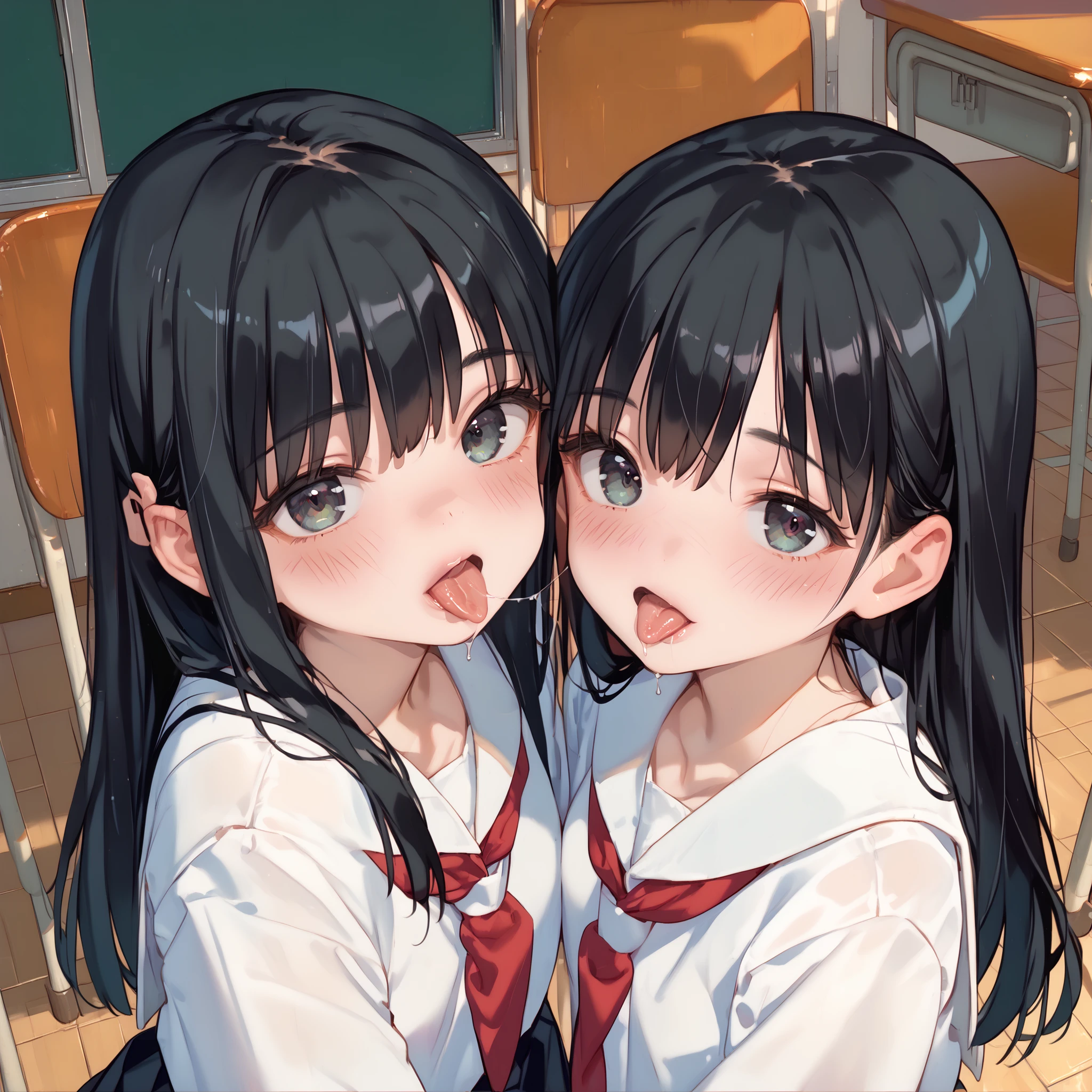 score_9, score_8_up, score_7_up, ((masterpiece)), (looking at viewer, front view, from above), (blush, tongue out, stick out tongue, open_mouth, anticipating_kiss, face_waiting_for_kiss, happiness, saliva trail), ((2girl, kbykwse school, asashiokainiKC, long hair, black hair, two_side_up and straight_hair, long hair, bangs)), (collarbone, pleated skirt, sailor collar, school uniform, serafuku, black skirt)), (classroom, school)
