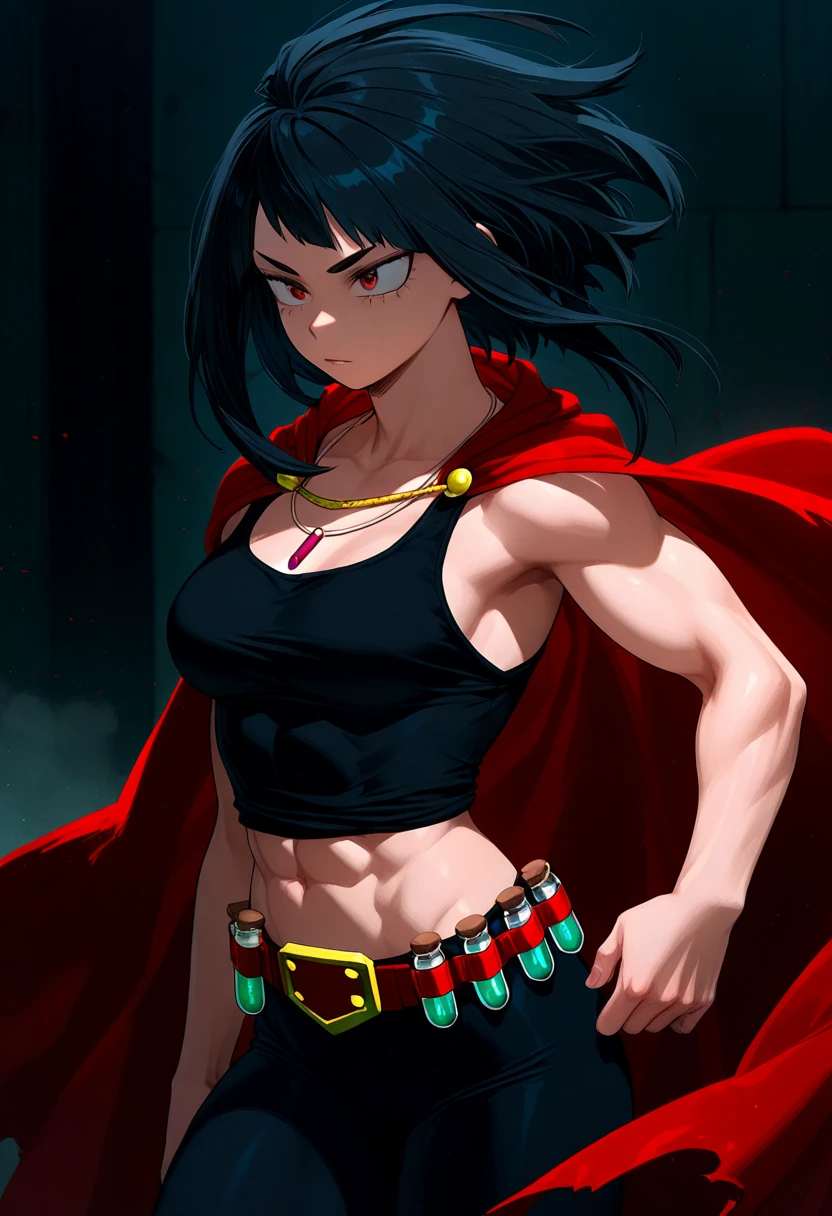 Female version of Monkey D Luffy, 1girl, black long hair, Strawhat, black , red , black pants, best quality, masterpiece, black eyes, smiling, standing, red heels, fiery background, beautiful eyes, cute, , scar under left eye, black eyes, anime, wanostyle, ((masterpiece)), (best quality), (extremely detailed), depth of field, sketch, dark intense shadows, sharp focus, soft lighting, hdr, colorful, good composition, spectacular, anime screencap,