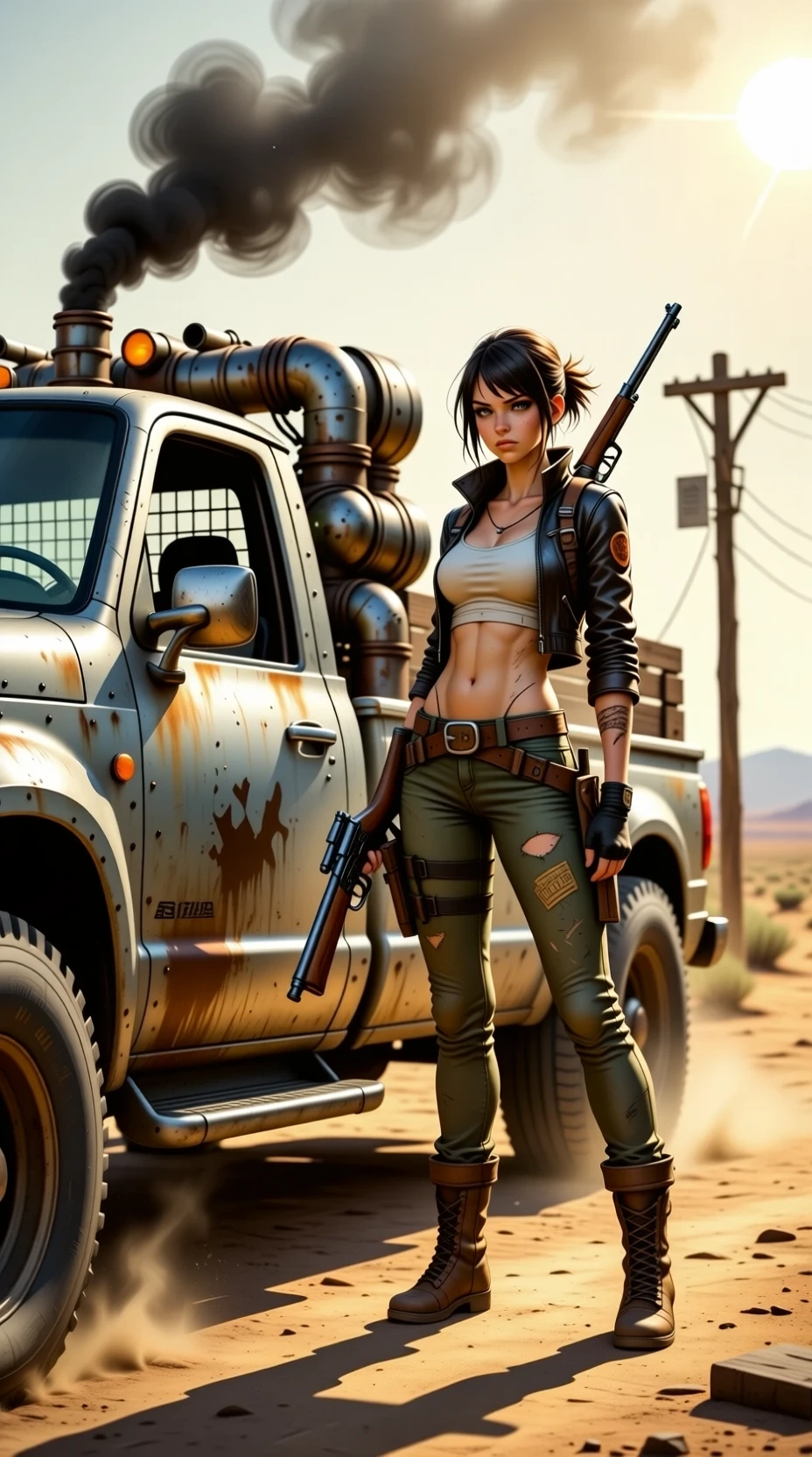 a girl riding on a tank, guerrilla girl, inspired by Peter Blume, dieselpunk art style, dieselpunk style, 1024px profile photo, tank, realistic fortnite style, dieselpunk, photobashing, dieselpunk setting, 2 5 6 x 2 5 6, 256x256, detailed , high resolution, black hair, action painting, best quality, photorealistic, masterpiece, intricate details, cinematic lighting, dramatic shadows, vibrant colors, gritty textures, weathered metal, worn leather, dynamic composition, powerful expression, intense gaze