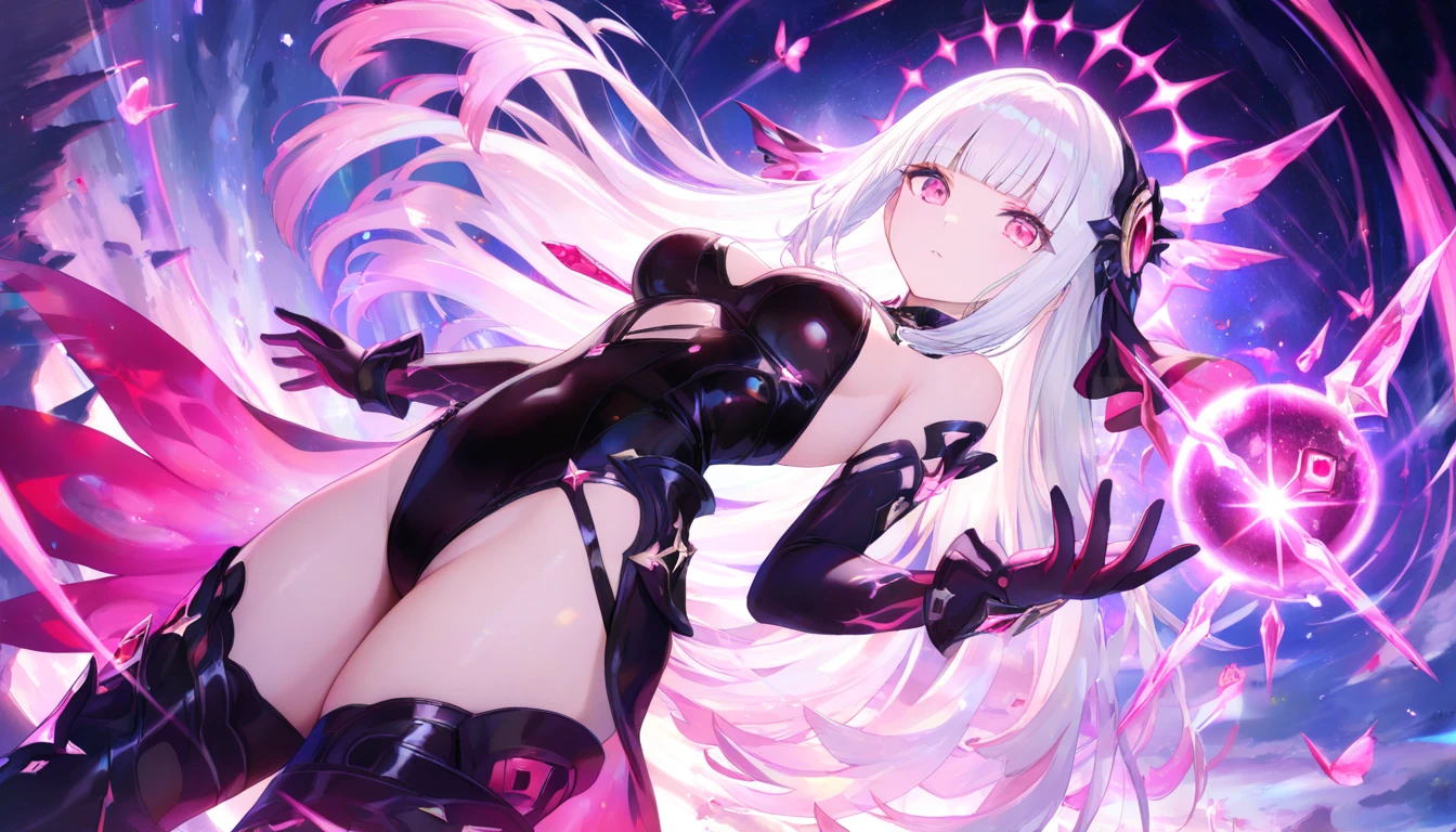 1girl,solo,pink eye,colored sclera,white hair, long hair,(pale skin,extremy white skin,hair over one eye,halo pink), sharp teeth, open mouth,(medium breasts),((white ,white bikini,hidden arms, feet,villain,psycho,villain smile, psychopath,angry)),(((floating in front a stones ruins in night,masterpiece,hd,best quality,8k,detailed face)))