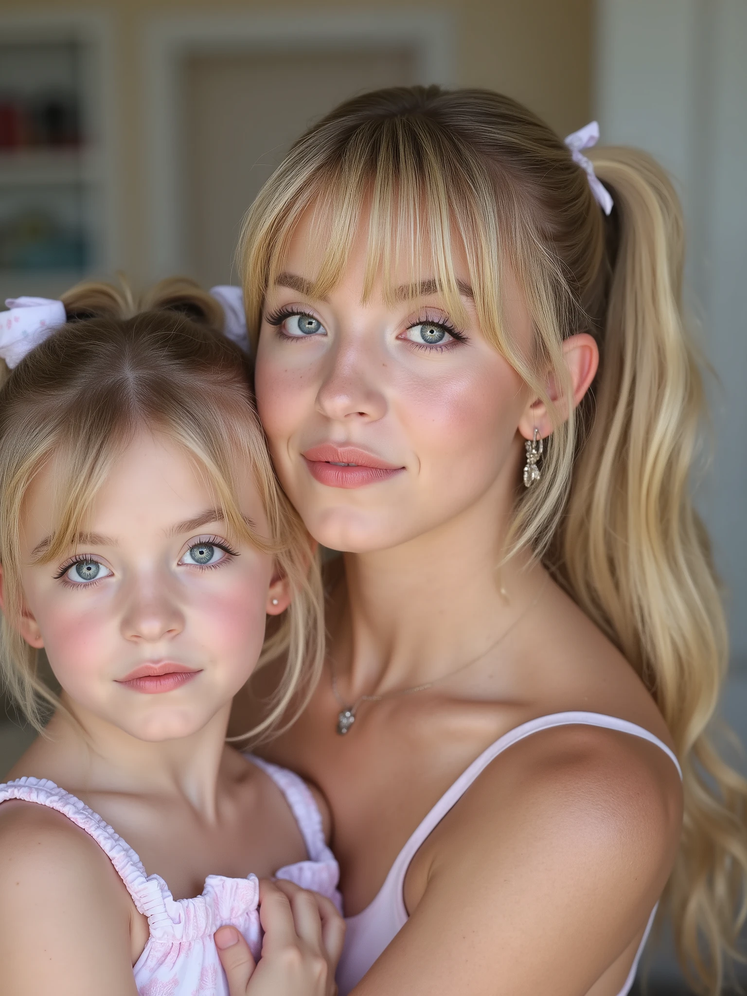 ((((a beautiful blonde with bangs 35-year-old woman with wavy blonde hair and ponytails tied with ribbons)))), ((a 45-year-old blonde woman with light blond hair)), (((((in swimsuits))))), ((((35-year-old woman with her two teenage daughters, thin princesses with bangs and ponytails on the sides with bows, smile The teenagers have blue eyes:1.2)))), (((((todas looking at the viewer))))), (((((centered))))), (((head in the photo))), (((in the bedroom, near the bed))), (((((looking at the viewer))))), (((((centered))))), (((head in the photo))), (((pele branca e pálida:1.2))), {(((((full-body-shot:0.7)))))}, ((((3 people in the photo)))), ((((1 blonde woman and 2 thin teenage girls)))), (((in the center, full-length, in bathing suits, with ponytails on their heads and bows))), (((2 thin teenage blue eyes red big plump lips)))