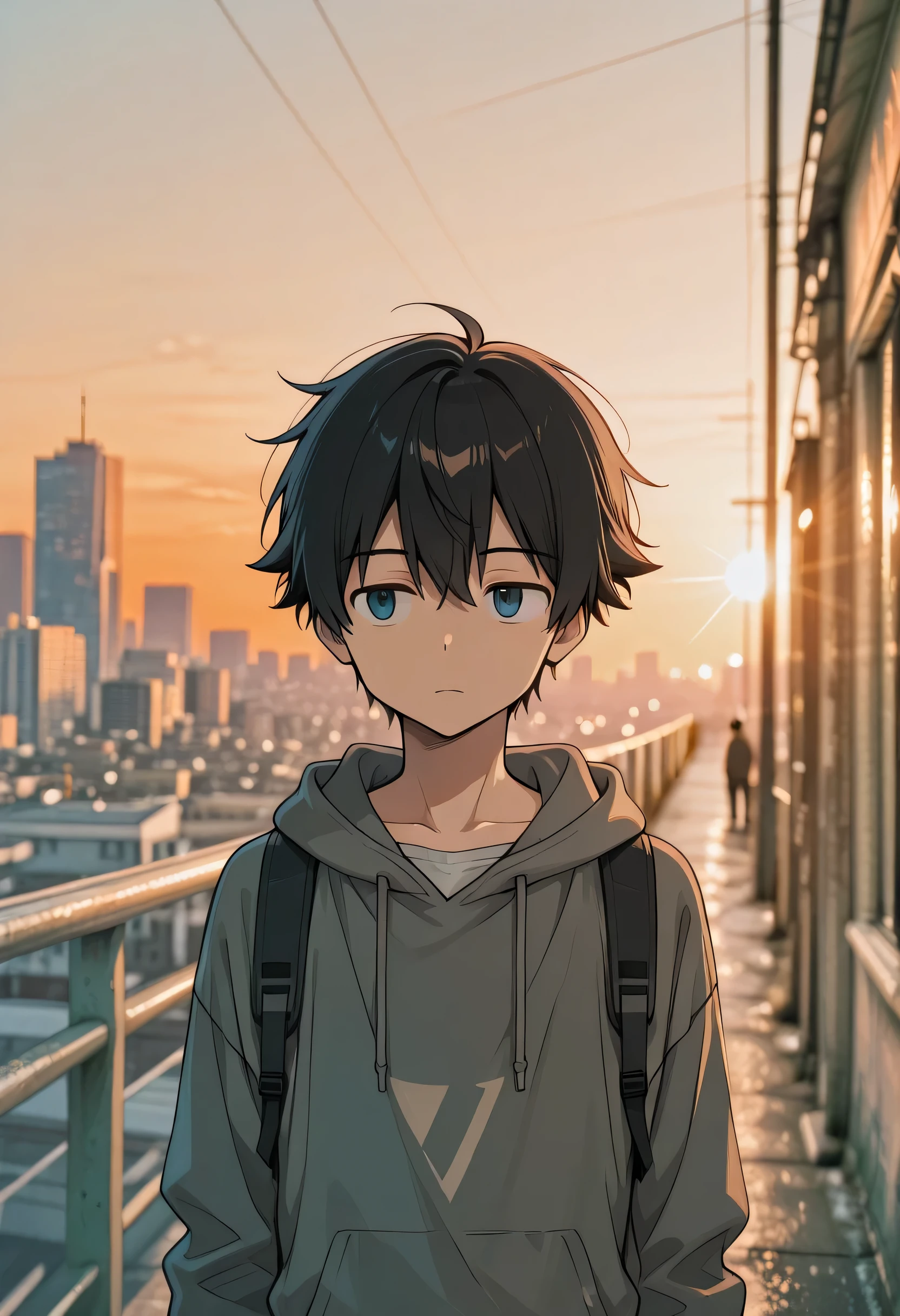 An anime-style neutral young man(Early 20s)。
Balance with Twilight City in the Background、expression that makes you think a little while staring into the distance。
soft orange light shines in、with a calm and calm impression throughout。