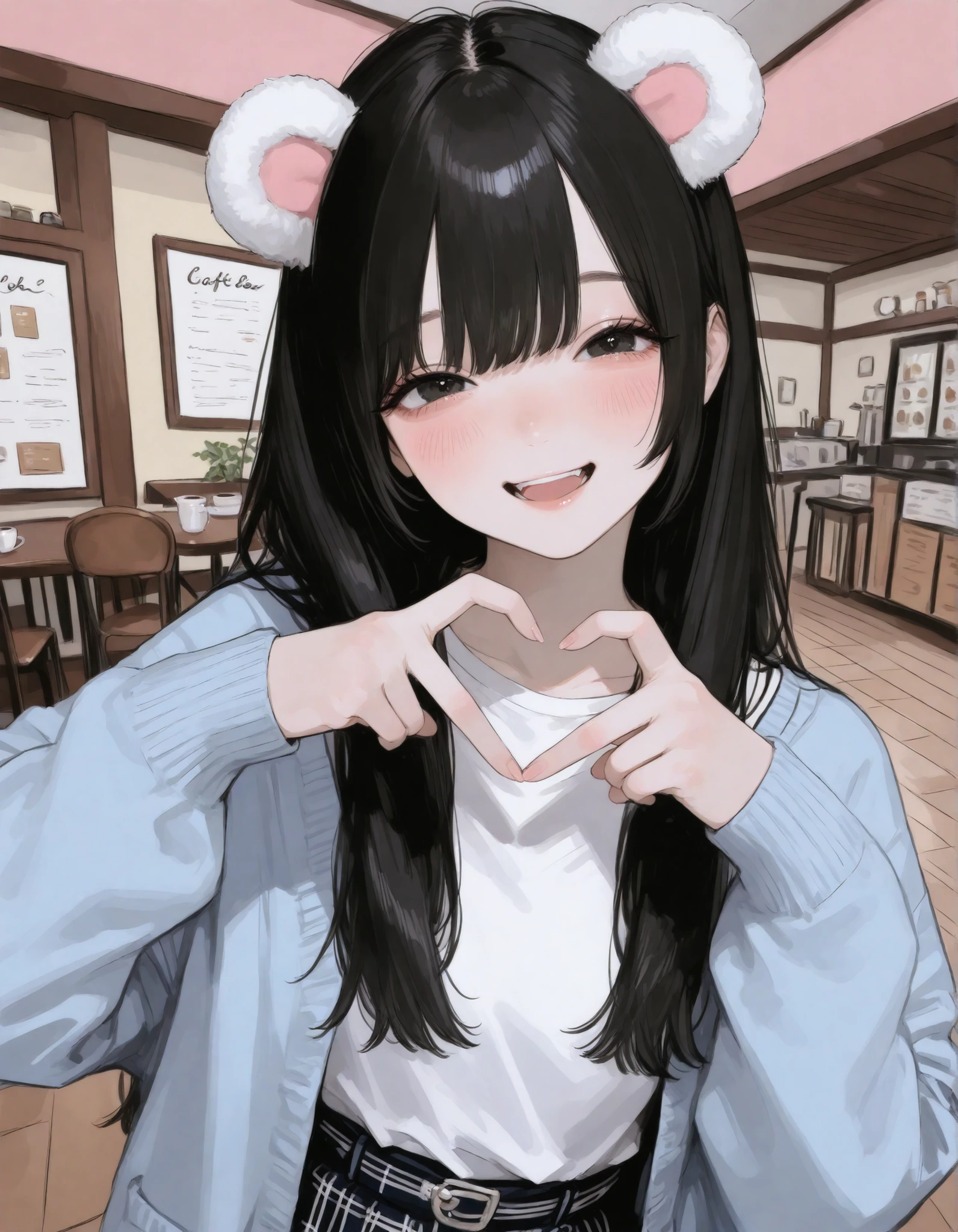 High quality , best quality , masterpiece, beautiful, High Resolution , detailed face,anatomically correct, detailed hair Style, (sunny, ambient background, cafe), solo, 1girl, beautiful, black hair, long hair, black eyes, field of depth, pastel blue cardigan, white shirt, skirt, white bear ears, aegyo, cute, lashes, close-up, upper body, dynamic angle, blush, smile, open mouth, heart symbol, heart gesture