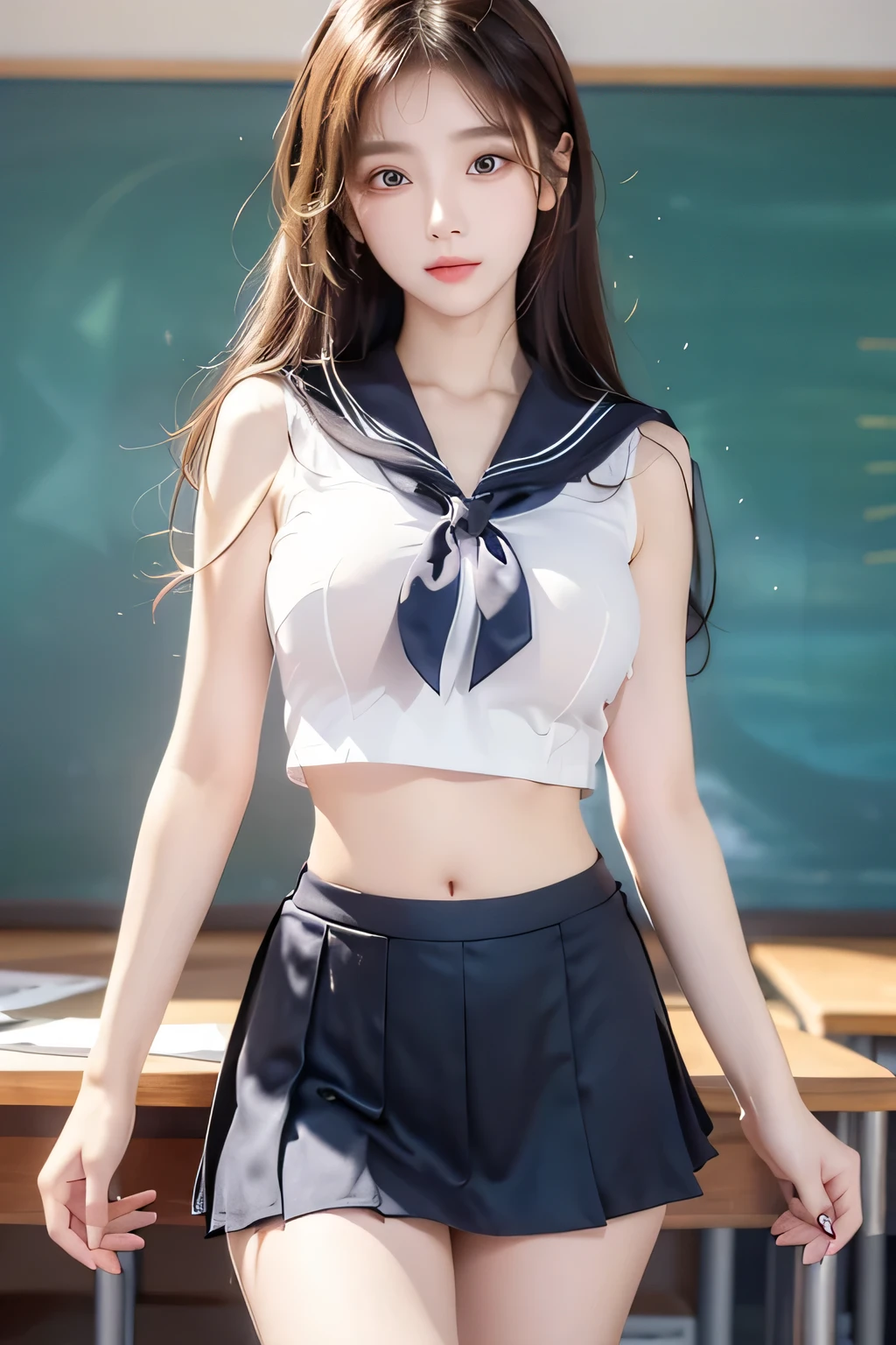 ( Super High Definition), (I'm looking over here), (sailor:1.1, skirt:1.1), (Big Breasts:1.2), (Slimness:1.8), ( Read more:1.4), (thin thighs:1.4), ( thin hips:1.6), ( beautiful skin, shiny skin, white skin), (Super slim face, Super beautiful face, makeup, Smile :0.8), ( light brown hair, semi-long, layered cut , fluffy hair), ( big eyes:1.4, High corners of the eyes:1.6, double eyelids), (Thin eyebrows:0.1), ( small nose:0.6), ( thin lips:0.6), classroom