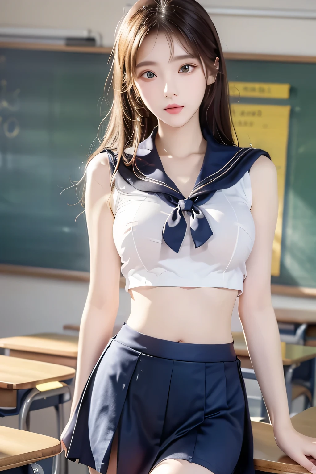 ( Super High Definition), (I'm looking over here), (sailor:1.1, skirt:1.1), (Big Breasts:1.2), (Slimness:1.8), ( Read more:1.4), (thin thighs:1.4), ( thin hips:1.6), ( beautiful skin, shiny skin, white skin), (Super slim face, Super beautiful face, makeup, Smile :0.8), ( light brown hair, semi-long, layered cut , fluffy hair), ( big eyes:1.4, High corners of the eyes:1.6, double eyelids), (Thin eyebrows:0.1), ( small nose:0.6), ( thin lips:0.6), classroom