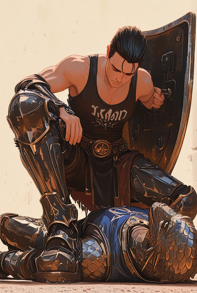 best quality, masterpiece, stocky man, (short blond hair), wearing damaged metal armor, no bottoms, , projectile , bukakke, , open mouth gasping for air, blushing, hands chained to dirty dungeon wall, another man rides his , sexy, gay, homoerotic, extremely dramatic shadows, front view, , perfection, no watermark, no logo, no signature