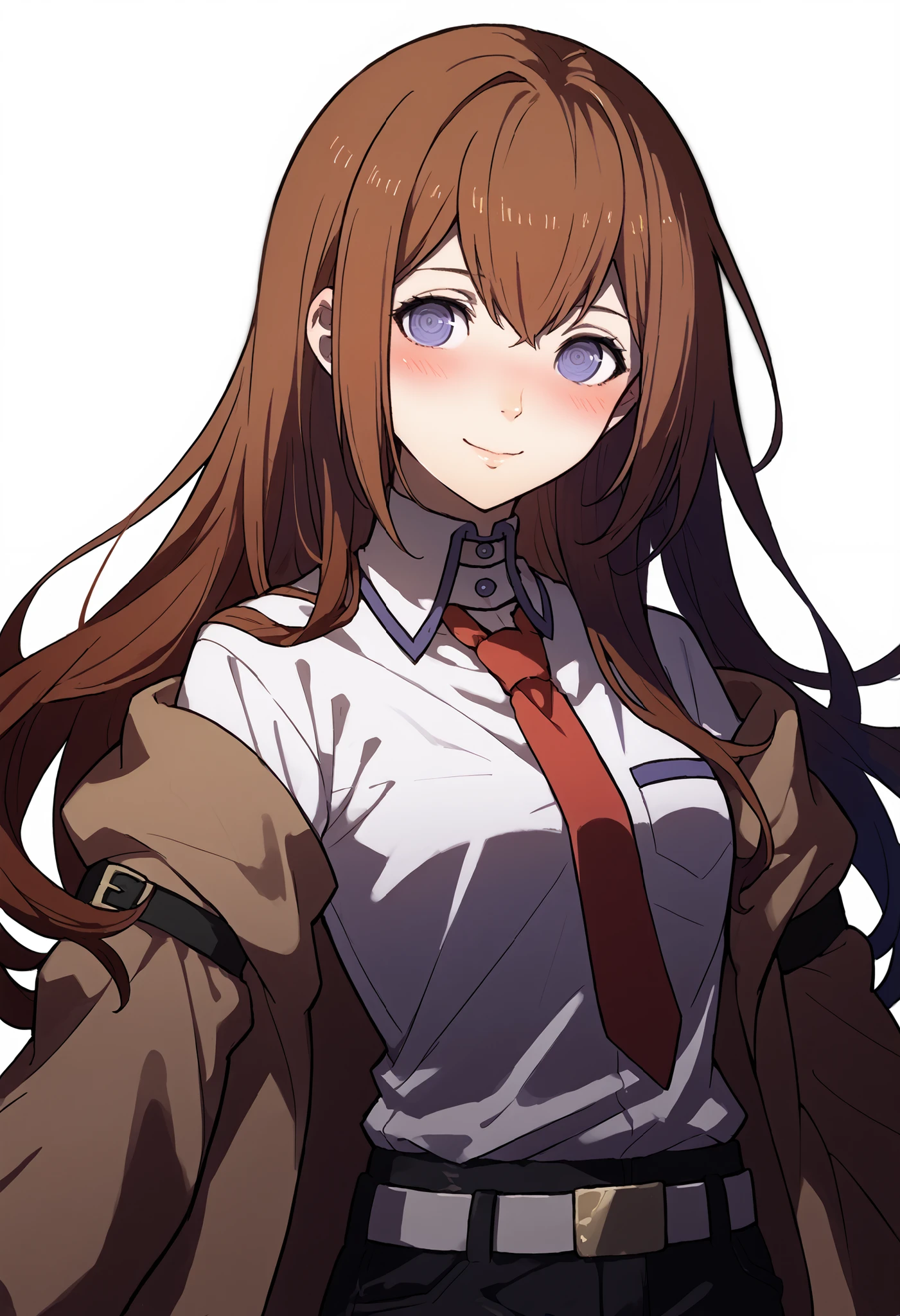 score_9, score_8_up, score_7_up, source_anime BREAK 1GIRL, solo,
 fe3hportraits, upper body, white background
 Makise Kurisu, brown jacket, off-shoulder, white shirt, Red Tie, black shorts, White Belt, blush, smile