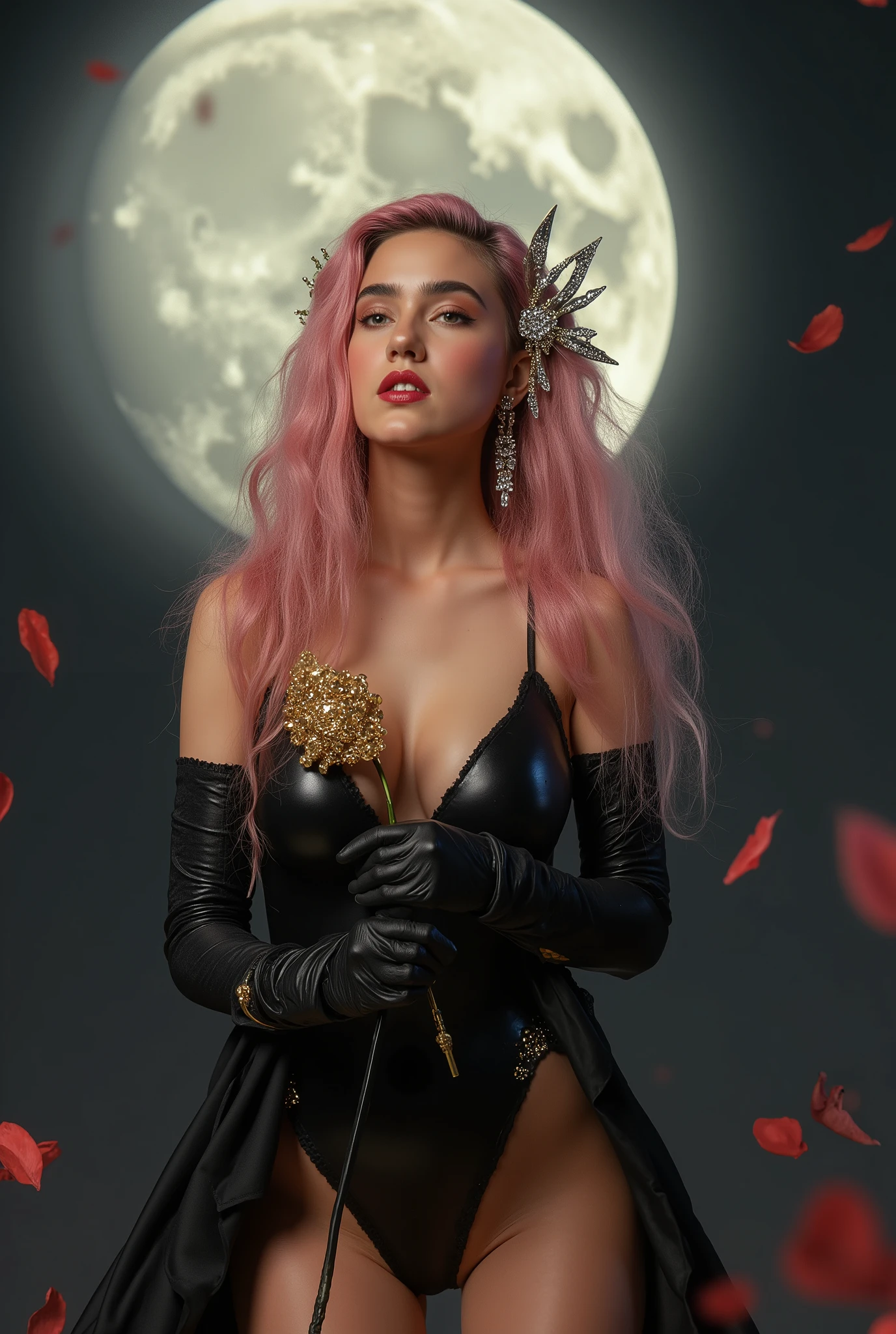 Photo, ((( Epic realism: 1.8 ))), ((( Full body shooting angle: 1.8 ))) Jennifer Connelly, jenniferconnelly . Photo ultrarrealista de Kiara Nova haciendo cosplay de Yor Forger, an impressive cosplayer ( 22-25 years ), with wavy pastel pink hair, light almond eyes, slightly tanned skin, an athletic and feminine body, small and hard , Toned Legs, round and flat abdomen. She wears a sensual version of Yor Forger's black assassin outfit. wears a black latex dress with a wide neckline exposing her beautiful back , a hair ornament with gold details and long gloves. Holds a flower with one hand golden with a very pose and leaning forward the spectator, with an intense look and a and mysterious expression. Background with bright full moon and red petals in the air and suspended dust. are appreciated. ((( Adult content : 1.8 ))).