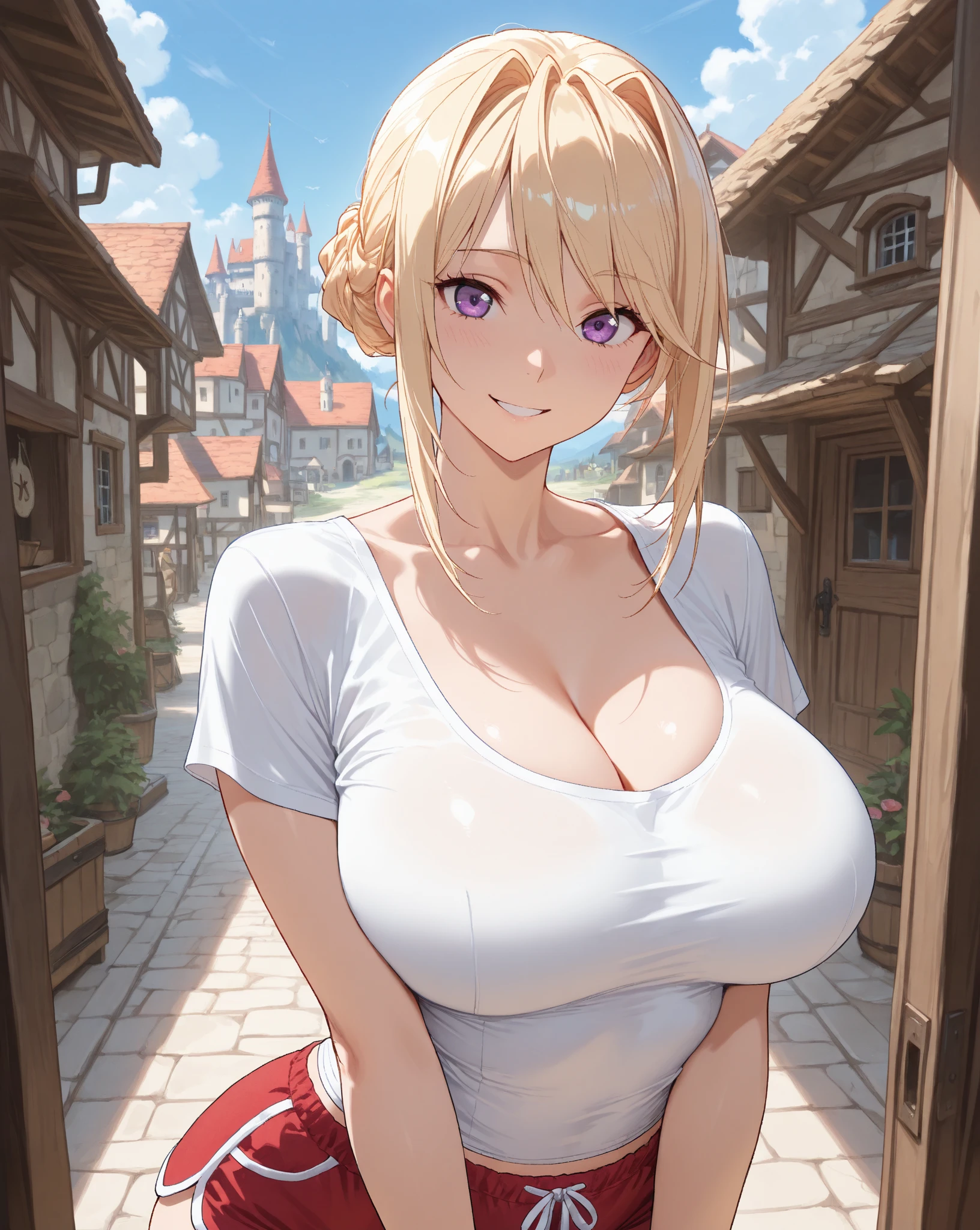 score_9, score_8_up, score_7_up, source_anime, 1girl, black eyes, medium hair, hair_over_one_eye , drill_hair, large breasts, plaid, medieval village, smile, female orgasm, areola slip, large areola, off shoulder, cleavage cutout,