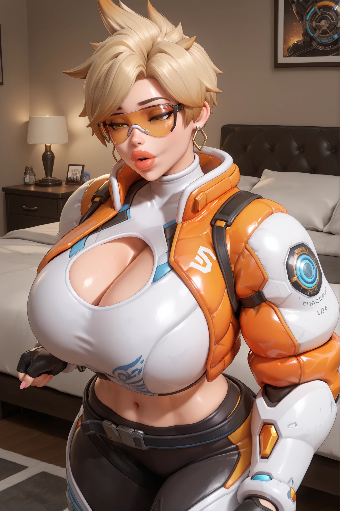 owtracer, le sserafim tracer, 1girl, solo, blonde hair, spiky hair, organge glasses, earrings, crop top, cleavage cutout, puffy jacket, cropped jacket, leggings, 1girl, gigantic breasts, gigantic thighs, masterpiece, best quality, closeup, bedroom, 3D style, 3D, blender, ((massive lips)), parted lips, bimbo lips, drooing, lidded eyes, airhead, midriff, back view