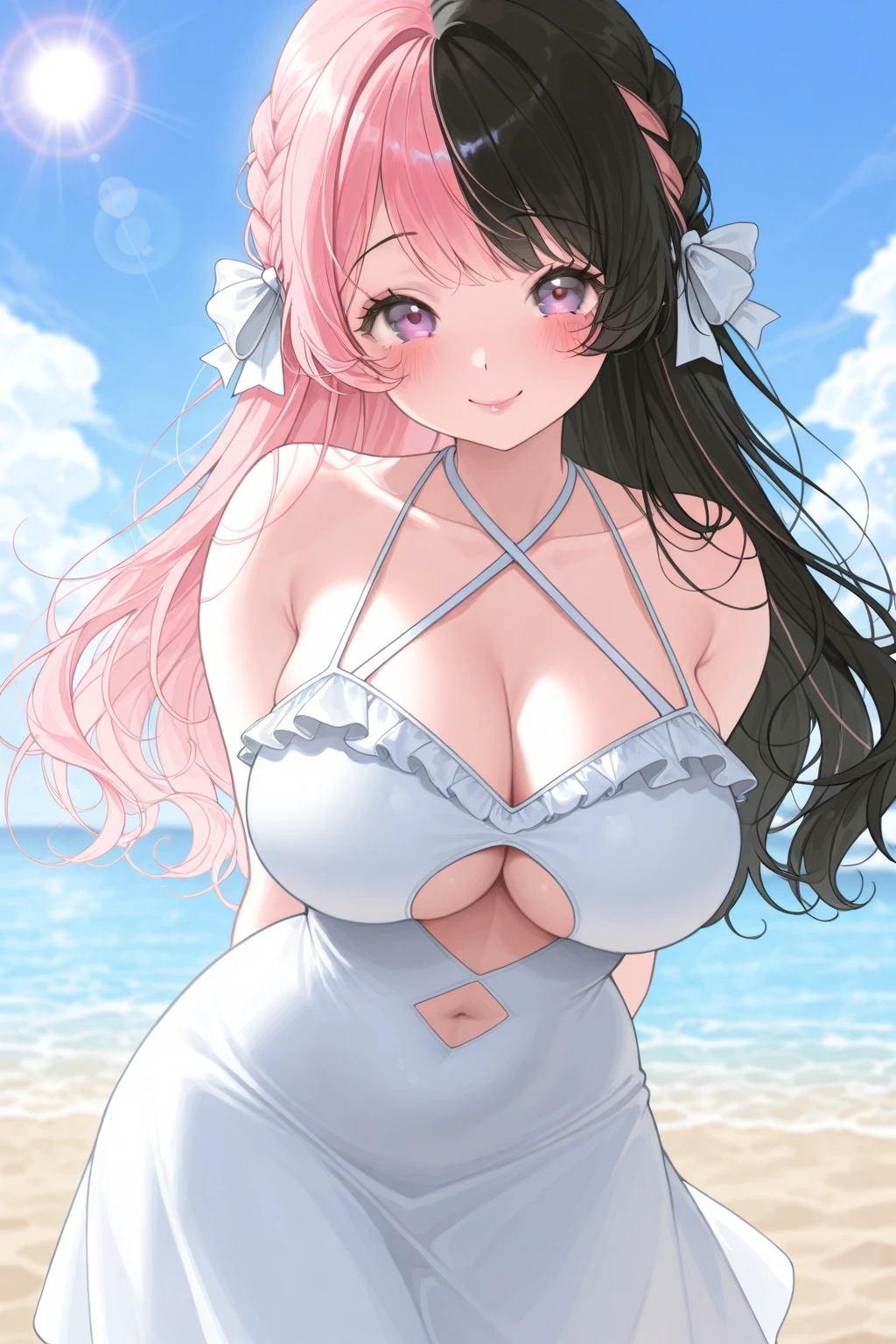 (,)(gotoh hitori,pink hair,hair ornament,long hair),((solo girl)),((Perfect body,))((Super beautiful,))((High quality,))((Heavy breathing,sweat, Sweaty and wet all over,)),backlit,shiny glossy,gigantic breast, Looking at Viewer,((Beach side, swimsuit, cowboy shot,)),shyly,,After sunburn,open mouth,tongue out,(Felliatio Gesture,)