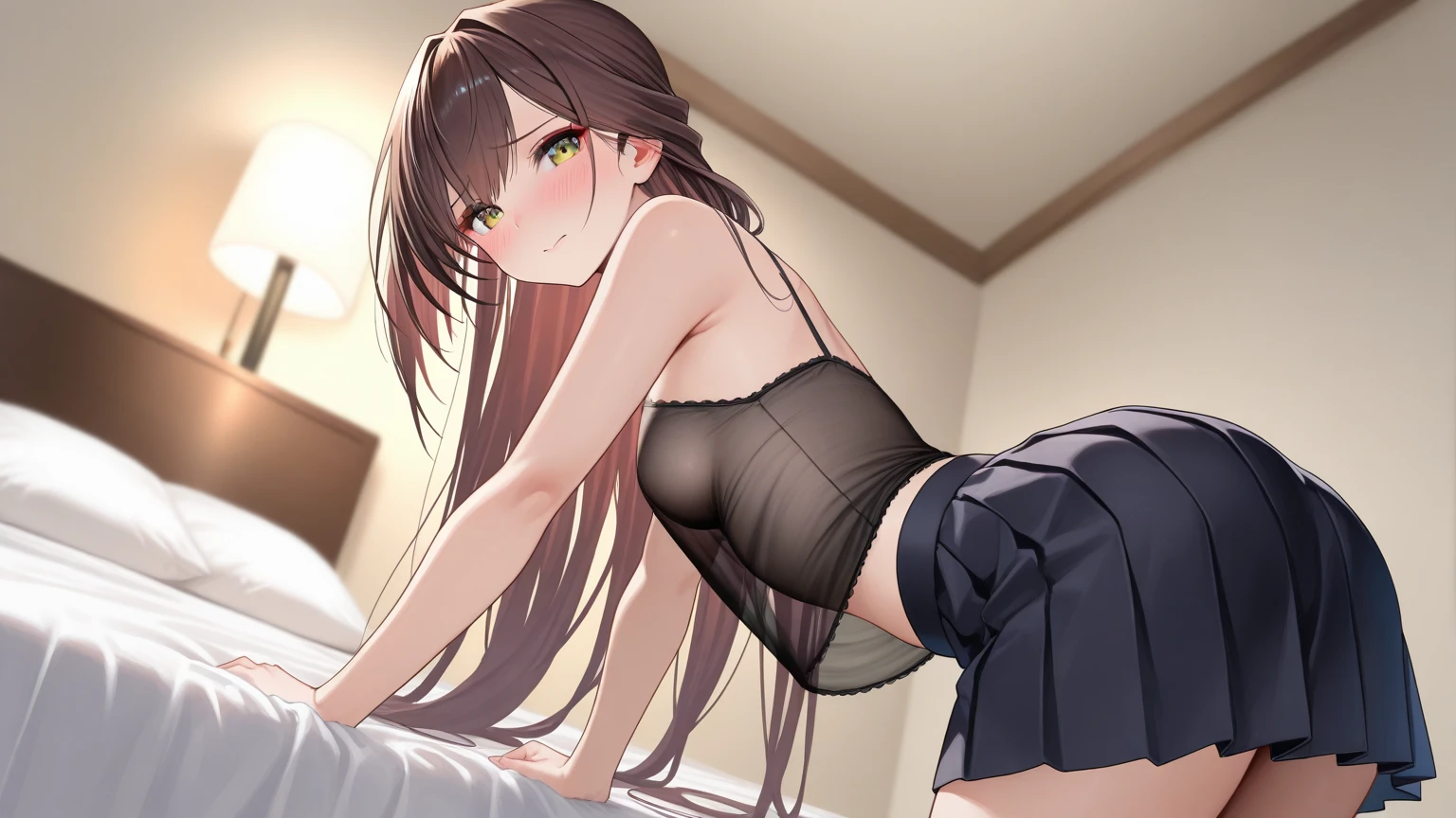 natta,deep in the night,Room without windows,Dimly lit bedroom with indirect lighting,Bedroom in yellow and yellow-green tones,Lots of stuffed animals and toys,fluffy light brown hair,Longhaire,lying on the bed,Underwear with plenty of lace,Hide your body with a towel,He looked at me shyly.、wriggling the body,garterbelts,T-back pantyhose,SEX,insertion,red tide,Nipple bumps,The  are slapped and reddened,pleasured expression,Puffing out cheeks,spanking,ecstacy,AHE Face