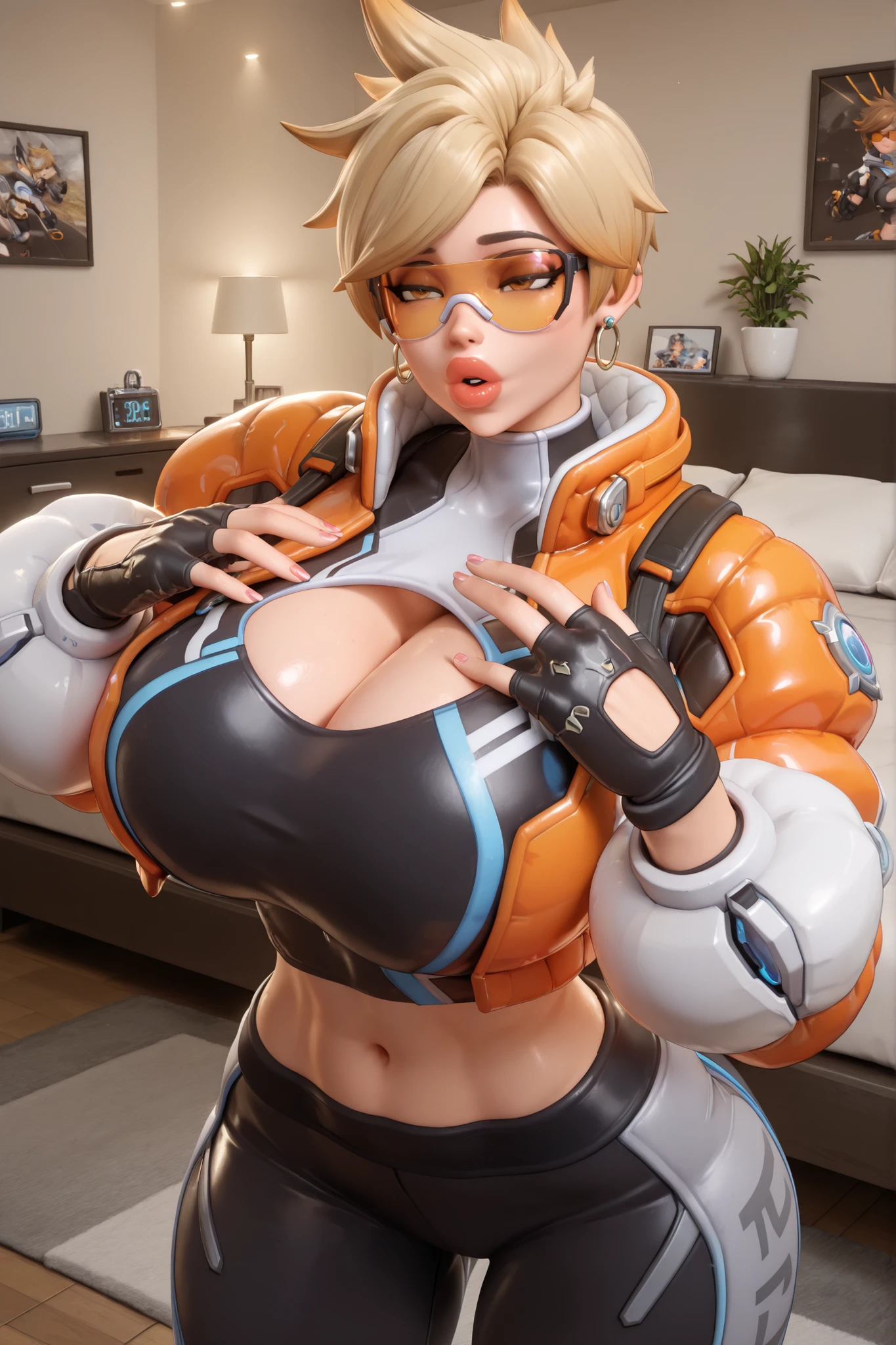 owtracer, le sserafim tracer, 1girl, solo, blonde hair, spiky hair, organge glasses, earrings, crop top, cleavage cutout, puffy jacket, cropped jacket, leggings, 1girl, gigantic breasts, gigantic thighs, masterpiece, best quality, closeup, bedroom, 3D style, 3D, blender, ((massive lips)), parted lips, bimbo lips, drooing, lidded eyes, airhead, midriff, back view, hands over chest, fingerless gloves