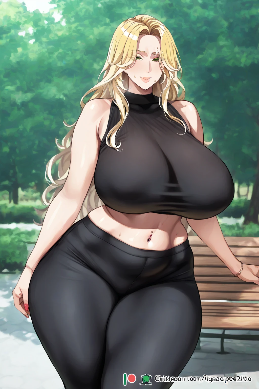 Tsunade Senju, 1girl, ((bimbo))), long blond hair, puffy lips, painted lips, thick lips, wide , thick thighs, huge , bimbo face , enormous huge natural , cleavage, mature mom, white bra,  bra ,