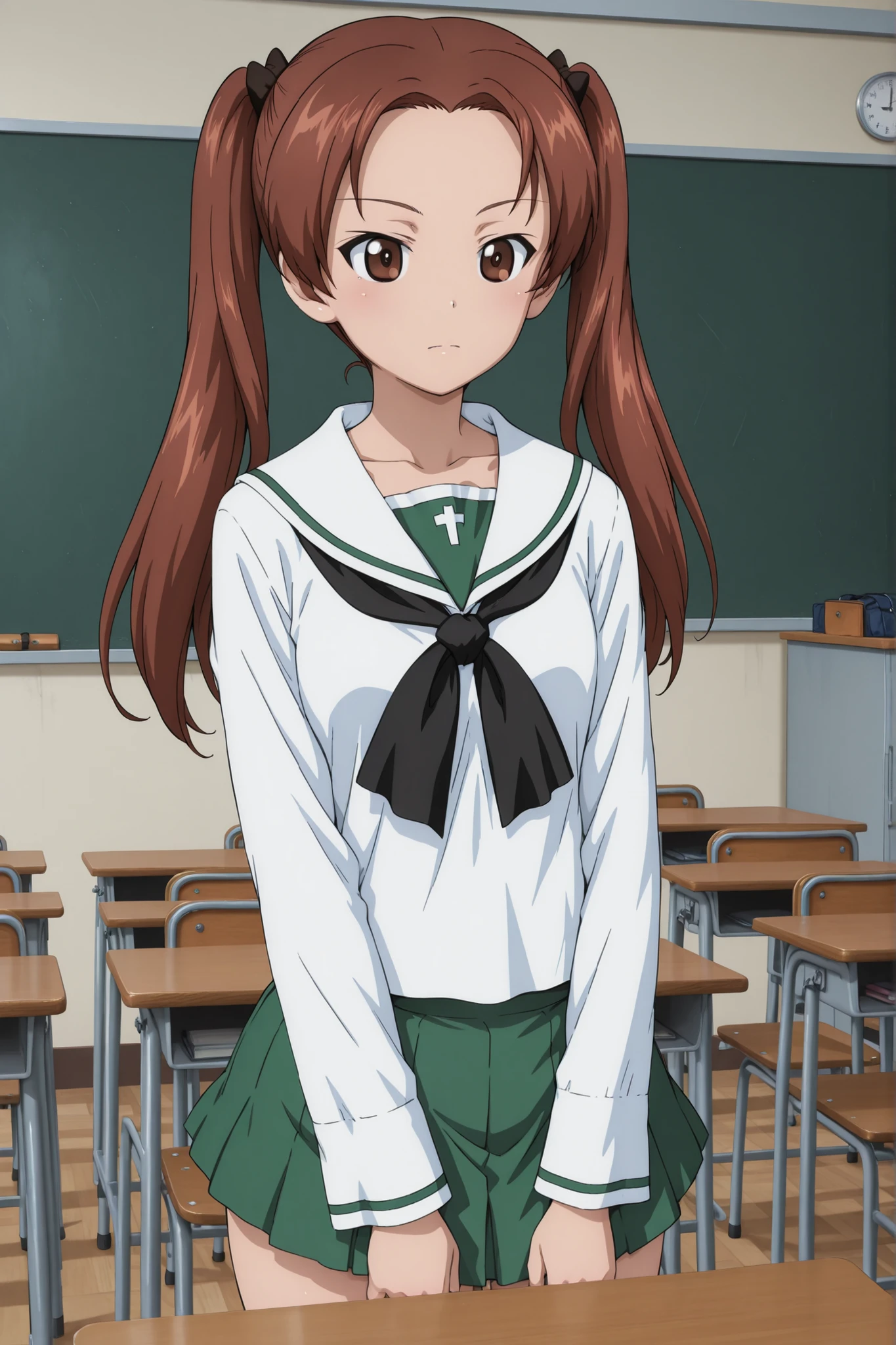 kadotani anzu \(girls und panzer\),ooarai school uniform,classroom,solo,