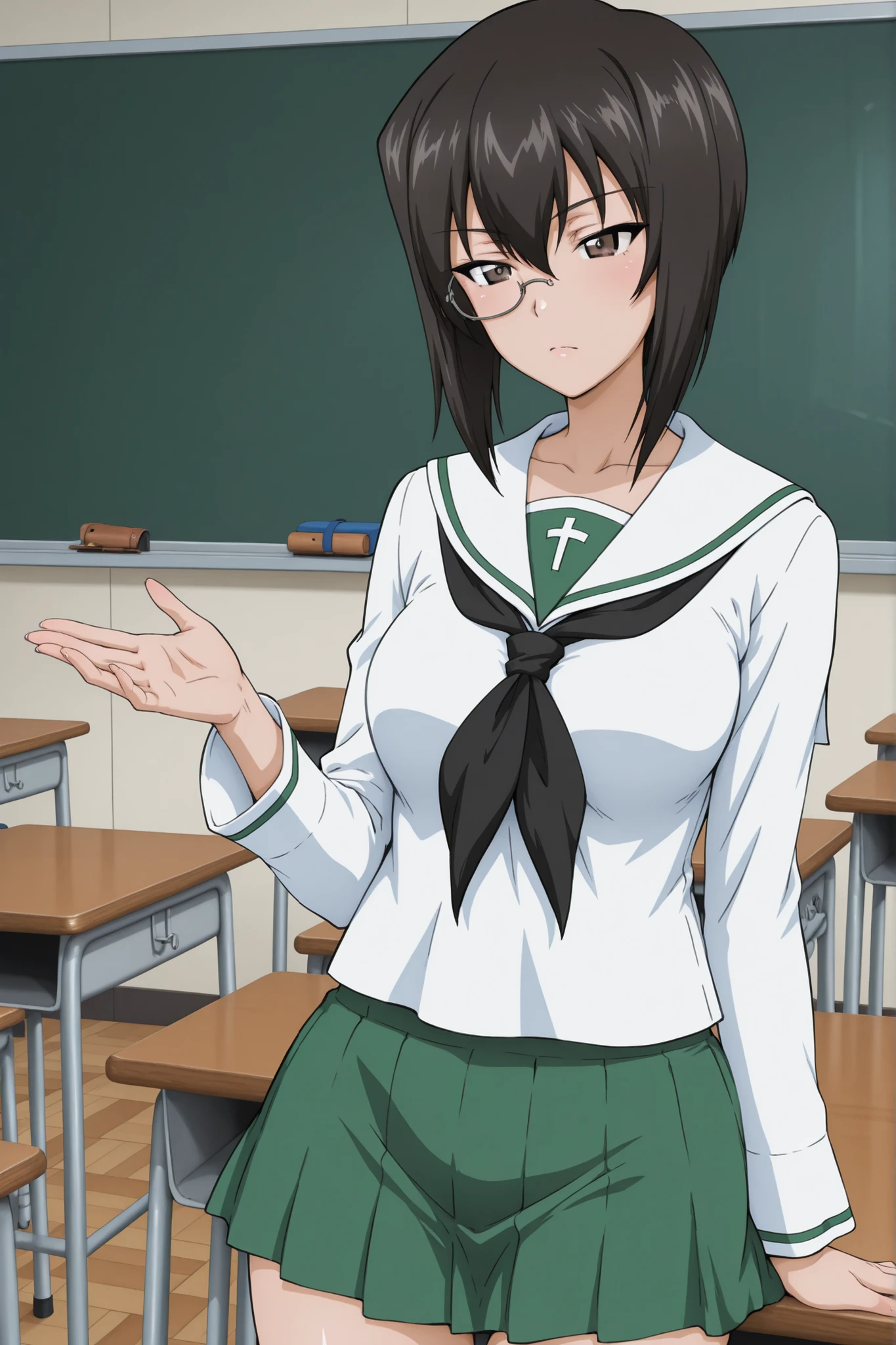kawashima momo \(girls und panzer\),monocle,ooarai school uniform,classroom,solo,
