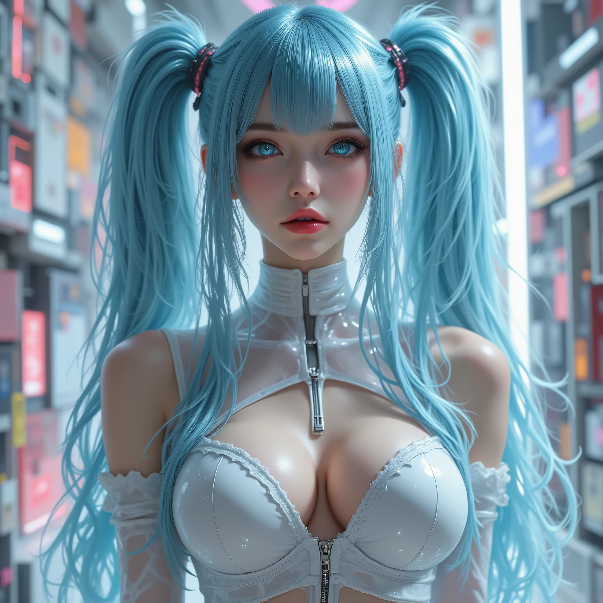 (masterpiece:1.2),(very detailed),(stick),8k,32k,Wallpaper, beautiful female cyborg , full body , psychedelic ,vector art showing danger, Layered texture,progressive,Popular,sf,cyberpunk,live-action,real,cyberpunk都市,Beautiful long shiny light blue hair,smile,twin tails,shiny white bodysuit,blue glowing eyes,Super Sexy:2.0