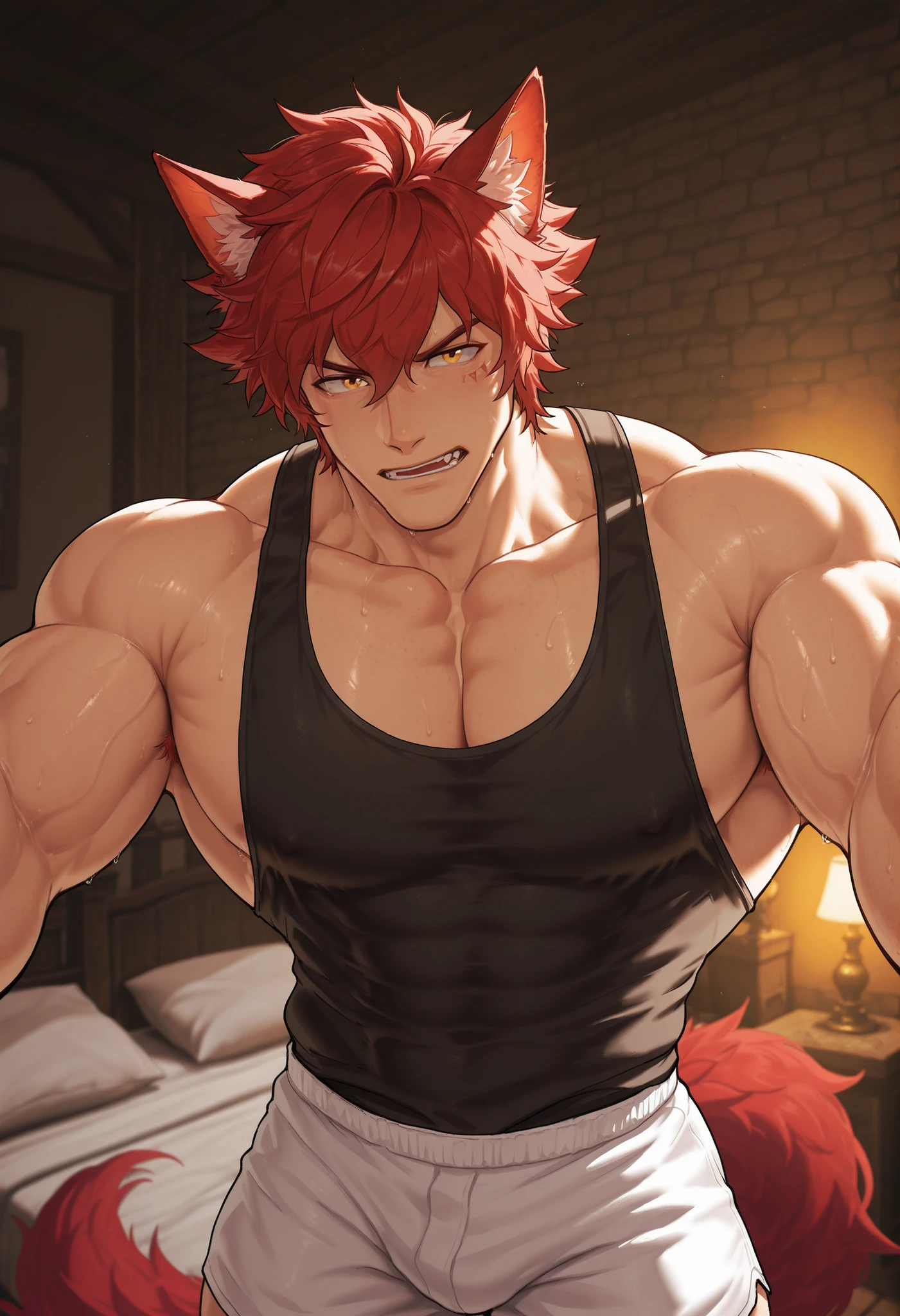 1 , alone)), wolf ears and tail, Sett from League of Legends heartsteel, black tanktop, white shorts, in a dark room, cozy yellow light, European bedroom, ultra resolution, masterpiece, ((short hair )) perspective correction,((sensual touch chest )) , anatomically correct muscles, v shape body, red hair, small front fringe, male focus , (well-detailed yellow eyes , well done)) focus on the eyes), large pectorals, shaded, (masterpiece:1.35), (muy estético, best quality:1.3), shaded detallado, C, shaded realista, very detailed, masterful composition , cinematic and natural lighting, well done better result, background in a dark bedroom, detailed colors