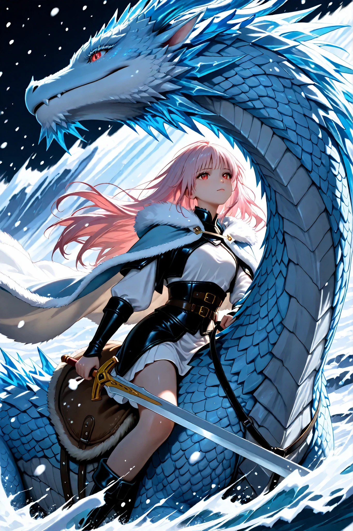 1girl,
(background: (snowy mountains, snow falling softly, dramatic fantasy atmosphere)),
((girl riding holding reins of a tamed dragon, dragon large and majestic, loyal expression, frost and snow on its scales), (girl is holding a large sword)),
(long light pink hair styled in soft loose waves, flowing gently past the chest, parted slightly to the left with relaxed curtain bangs, airy strands framing the cheeks, light and fluffy texture with a silky glow),
((red eyes), (eye highlight), (shiny eyes), (detailed eyes)),
((False eyelashes)),
((confidently, bond between dragon and human emphasized)),
(young adventurer girl, exotic adventurer clothing with fur and leather, beast-pelt cape, colorful ornaments),
(motion blur, freeze-frame action, vivid colors),
reizei,
side view,
(high contrast, deep shadows, rich color tones, muted colors),
(best quality), (masterpiece), (semi-realistic), ultra-detailed, high resolution, (anatomically correct), (Realistic shadows), 8k resolution, score_9, score_8_up, score_7_up,
(in a high-rendered anime style with detailed shading, smooth gradients, and polished lighting effects, combining vibrant colors and expressive features with a semi-realistic finish),