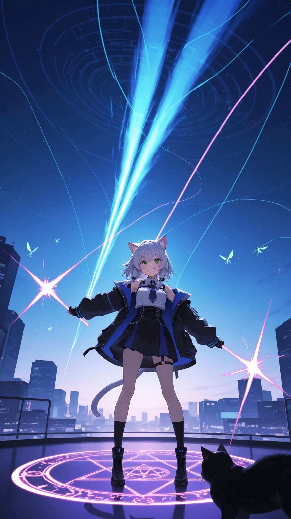 highdefinition images、in the night view of a cyber city、a magic circle appears in the sky、A cat girl is smiling、and {x} laser lights of energy fly around countless times