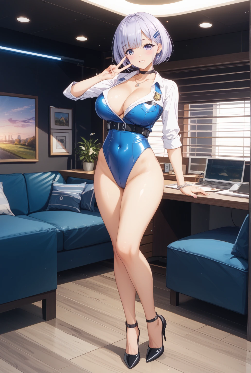 {{{masterpiece}}}, {realistic:1.2}, best quality, official art, extremely detailed CG unity 8k wallpaper, day, artbook, game_cg, {1girl}, NSFW, overexposed, milf, detailed bra, huge breasts, solo, short hair, seductive smile, blue eyes, {white pantyhose}, high heels, nurse cap, crossed_legs, eye_contact, {beautiful detailed gradient eyes}, red lips, illustration, highres, cinematic lighting, dramatic angle