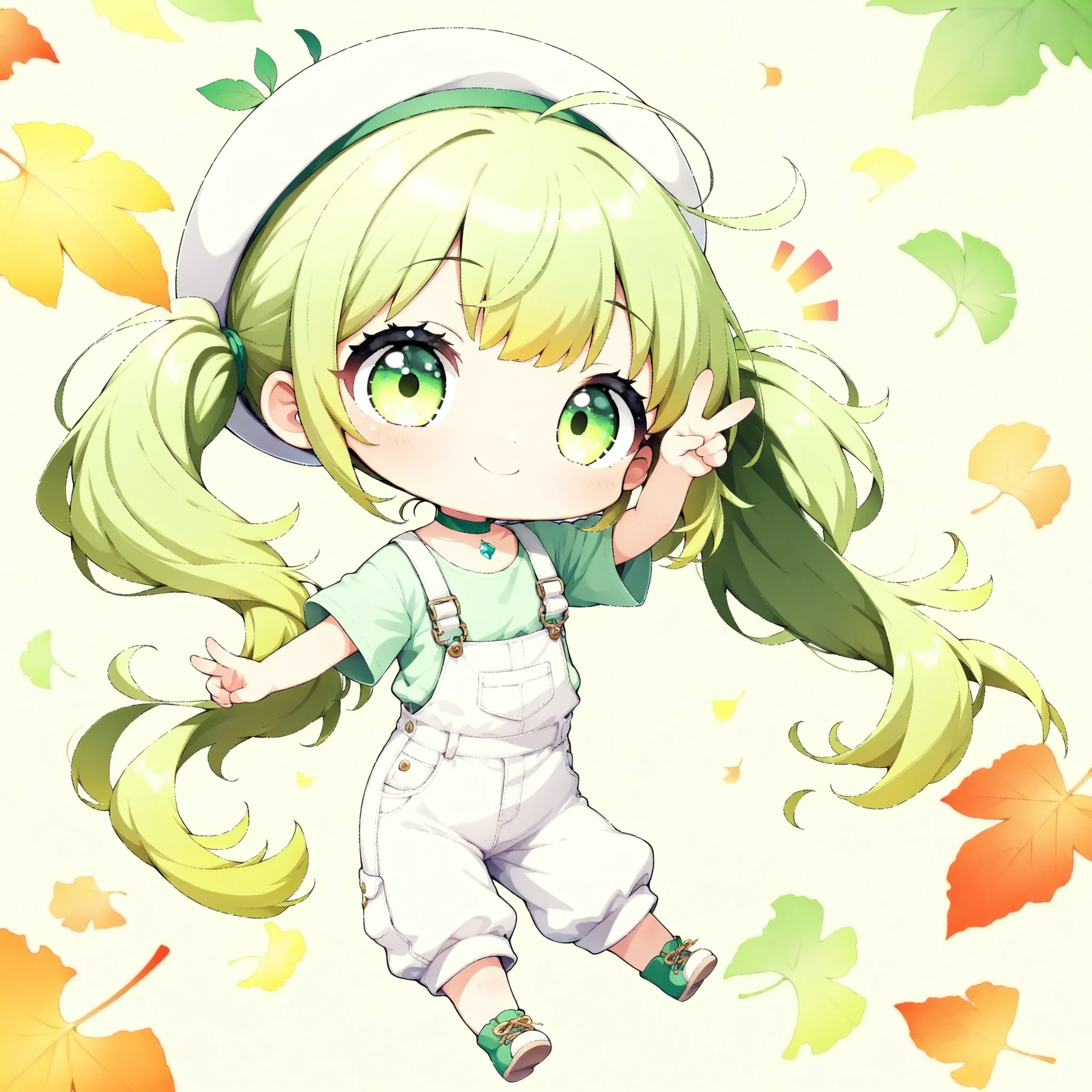 1girl, solo, (smile), v, chibi style, (smile, round face, Punipuni, Deformed Characters:1.4), (masterpiece, Brilliant Color Palettes, top quality:1.2), white beret with leaves, twin tails with short green hair, ahoge, green eyes, green t-shirt, White Overalls , Green choker,
