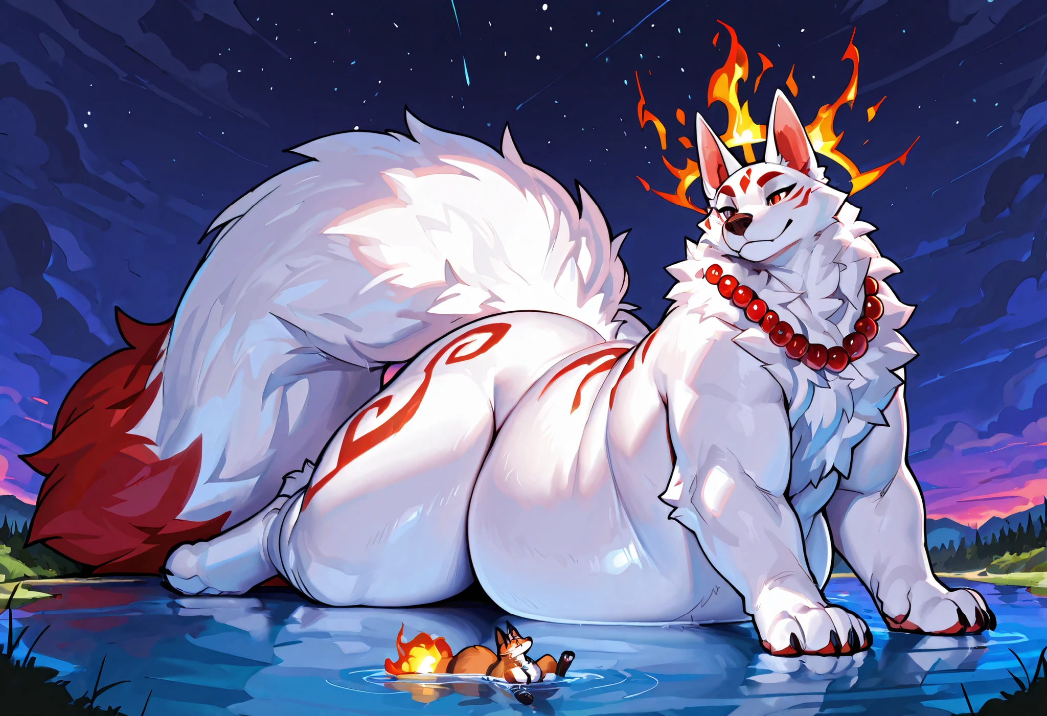 4k ultra quality, 4k full body view,(ultra high detailed body),((feral)) fox,by mystikfox61, by glitter trap boy,feral paws, by bebebebebe,by morethreedee, by seibear,sharp nails,((sfw)),(ultra detailed face),detailed eyes,big tail,fluffy tail,(detailed tail),enomorous tail,bigger tail,huge tail,volumetric light,fluffy paws,thick legs,thick paws,(feral focus), beast,(bigger lower body),(long legs),master works, super fine, 4k resolution, high quality,high picture detail,illusory engine, Masterpiece,dire fox,faint lighting,(white fur:1.2),white belly fur,(muscular feral),(obese feral:1.2),(wearing red beads:1.2),(beads necklace),(feral mount:1.2),((small head:1.3)),((enomorous body)),ornate marks,red marks,(macro),(giga),on a lake,(hyper tail:1.2),(wider body:1.3),(thick legs),lying,obese feral,flame halo