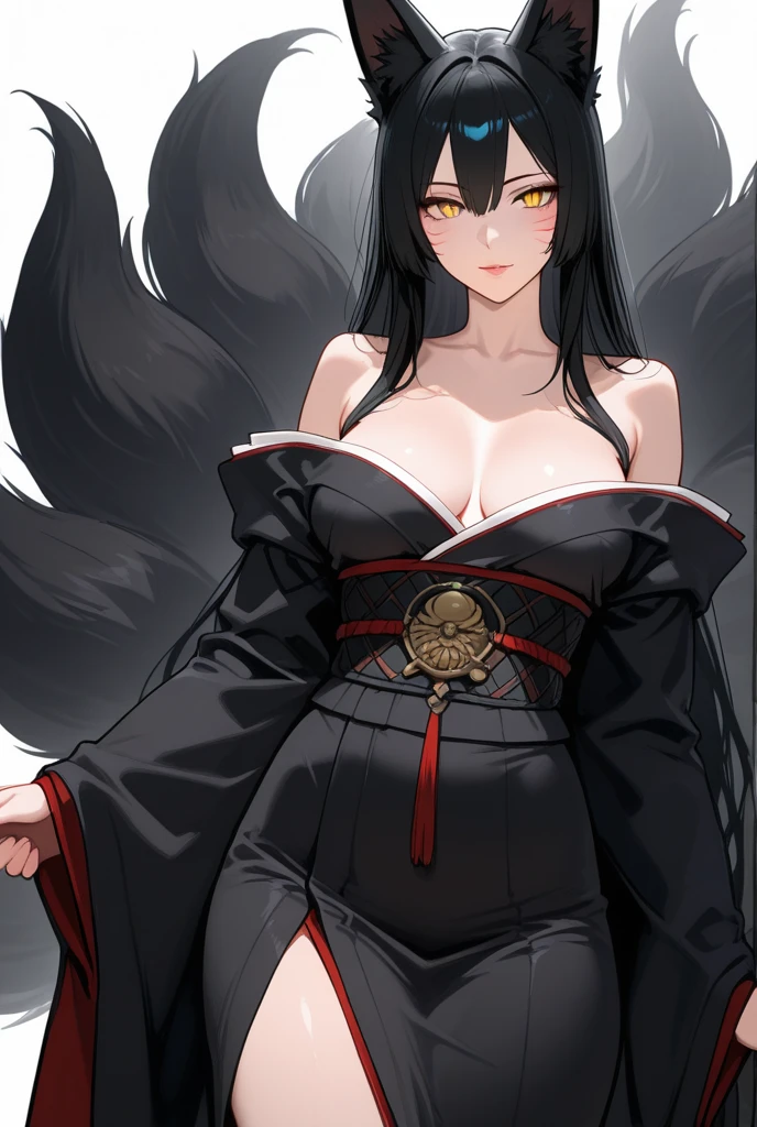 masterpiece,best quality,destinychildstyle,(white background, simple background:1.4),<lora:destiny child style vertical painting_v1:1>
1girl,full body,black kimono,black skirt,fur trim,fur-trimmed kimono,low neckline,(open clothes,breasts,kneeling,breasts out nipples,areolas),nude,short kimono,wide sleeves,magatama,long sleeves,seductive smile,red eyes,black hair,very long hair, floating hair,wearing shoes