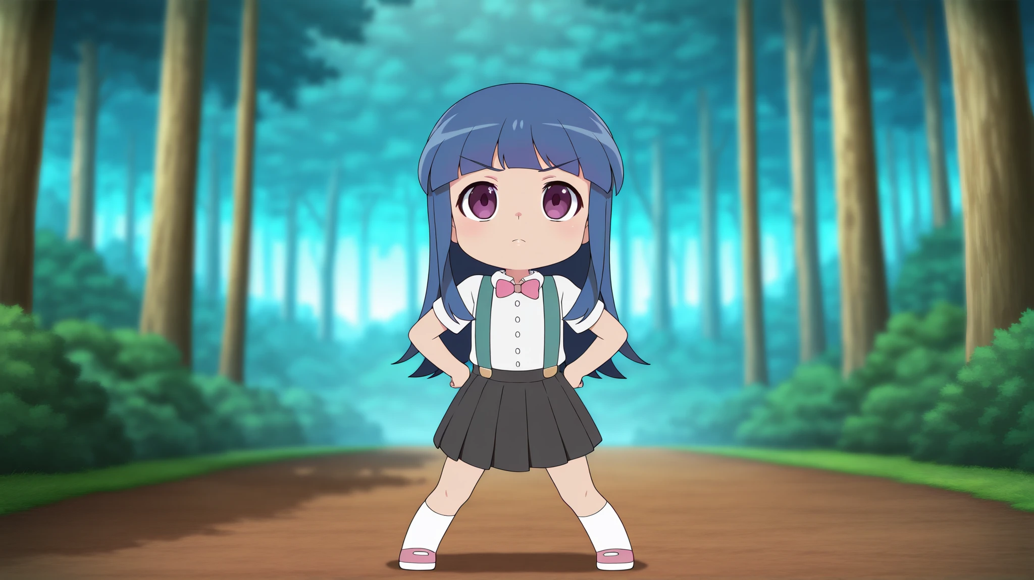 1girl, solo, a_ey, higurashimei, furude rika, blue hair, purple eyes, long hair, blunt bangs, bangs, ((flat_chest)), bow, skirt, shirt, suspenders, short sleeves, pleated skirt, white shirt, pink bow, suspender skirt, school uniform, black skirt, collared shirt, bowtie, dress shirt, | straight-on, serious:1, detailed, masterpiece, full body, forest, dawn,