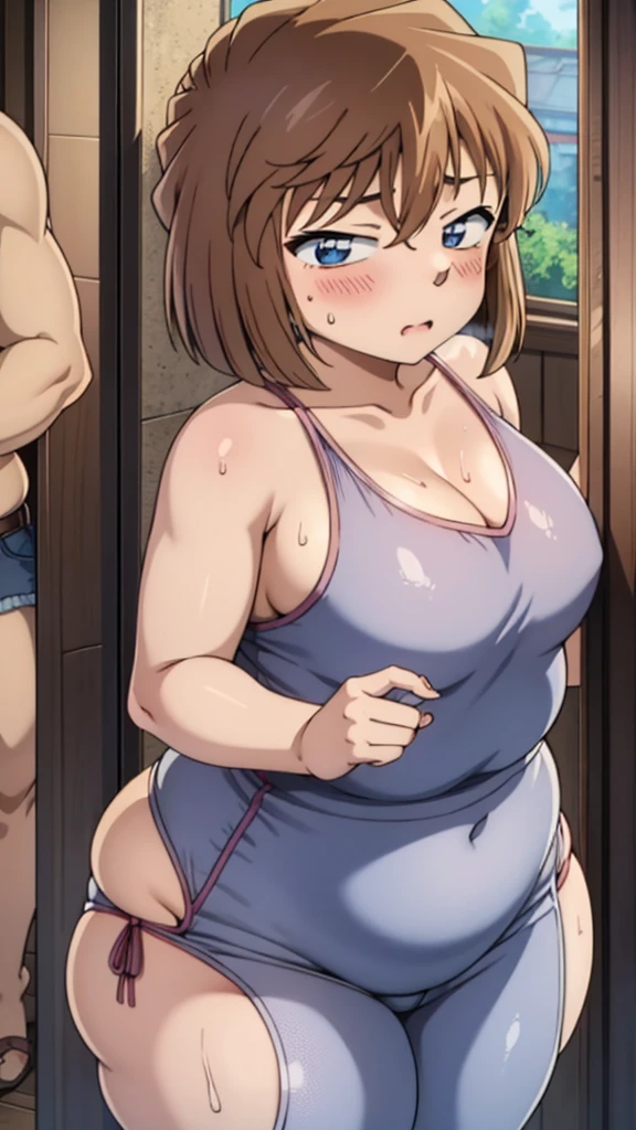 highest quality, High resolution,Anime Screen Capture, SF、3人のwoman、realistic, masterpiece, highest quality, perfect , (fine eyes), (woman, huge breasts、low length), Are crying、glare、Sweat,(((bukkake、 Her  are grabbed by multiple men))), ((NSFW、swollen nipples、shirt lift、black tank top、black panties)),legs spread、(hands behind head、both armpits)、dark red hair、yellow eyes、(((short bangs、blunt bangs、long ponytail))),  ((blush))、(wide hips)、:o、((((embarrassing))))、((Dark concrete hangar))