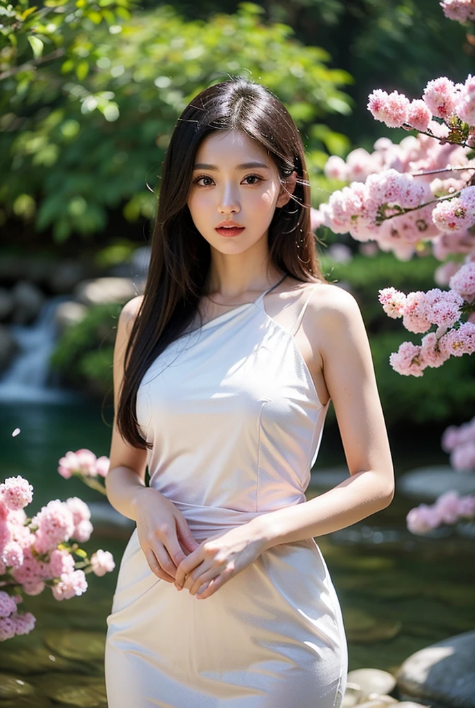 Highest quality, masterpiece, Ultra-high resolution (Realistic: 1.4), RAW Photos, 1 Girl, White Dress,  shoulders, A field full of pink flowers, Glowing Skin, smile