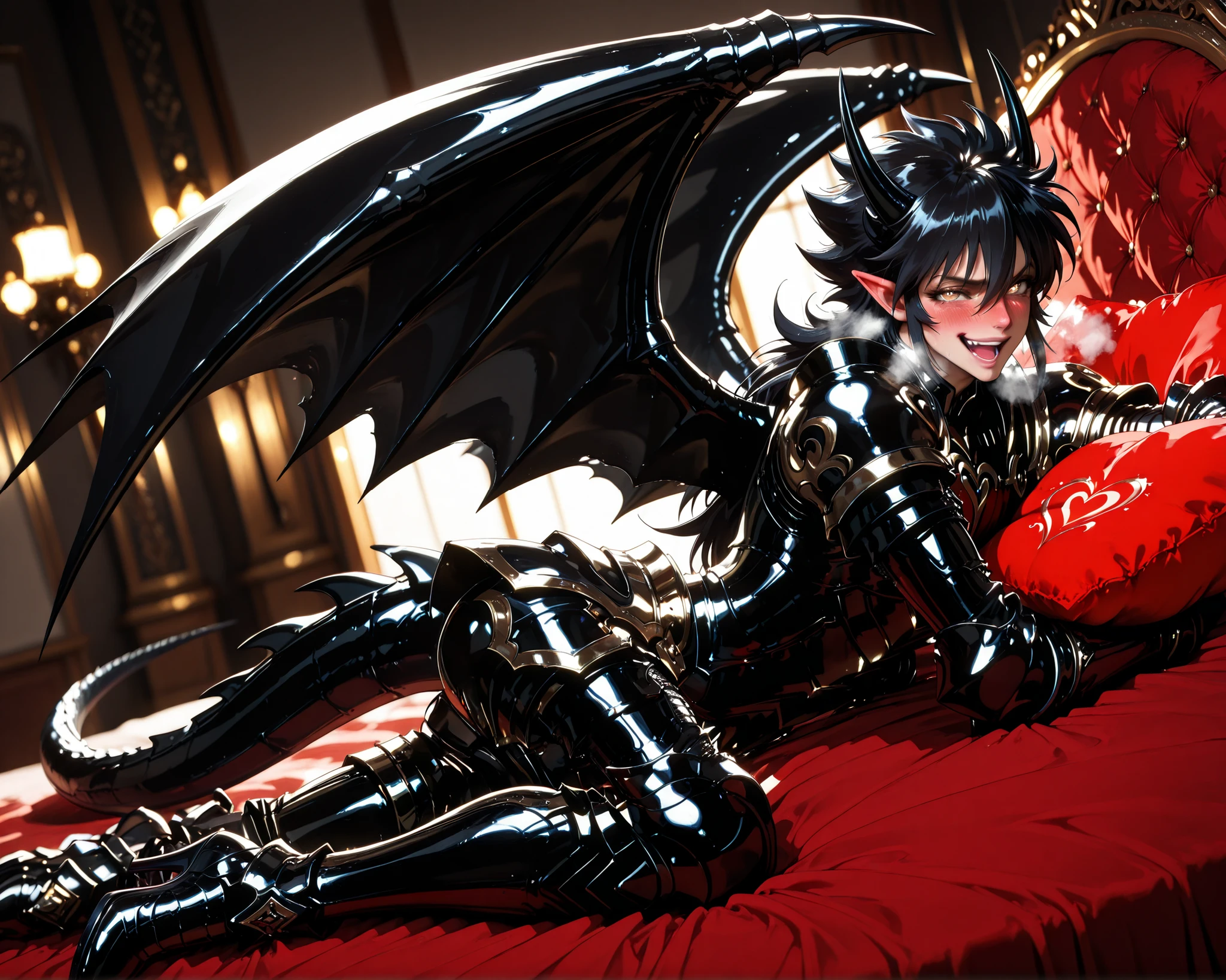 score_9, score_8_up, score_7_up, absurdres, (((128K Ultra High Resolution))), (masterpiece, best quality: 1. 5), (high definition: 1. 4), (highres), 8K wallpaper, (excellent graphics: 1. 5), CG, (((Japanese Anime style))),((Black Saint Seiya)), (1 male), solo, (lean body, masculine), weredragon, glossy black, shiny black leather, (((beautiful golden eyes, finely detailed eyes, bright eyes, heart symbol eyes))), hair between eyes, black hair, long hair, sideburns, wild hair, ((sadistic smile, naughty face, open mouth)), ((ultra detailed face)), (((blushing, heavy breathing))), shiny skin, long pointy ears, twisted torso, long-legged, sculpted face, wasp waist, dragon horn, dragon tail, dragon wings, dragon sharp claws, (black armor with a lot of grandiose decorations: 1. 5), half dragon half human, (on a luxurious bed, lying in bed, bed waiting for you, holding pillow: 1. 5), (looking straight into the camera, dutch angle, dynamic pose: 1. 5), (ultra detailed black armor, well-polished black armor: 1. 5), (gold-adorned armor: 1. 5), all black outfit, full body, sharp focus, good-looking man, (best illustration, highly detailed artwork: 1. 5), (intricate detail, extreme detailed, super detailed: 1. 5), (stark contrast, heavy shadows: 1. 3), ((detailed black decorations)), beautiful & aesthetic, photoreal, (from side), (mysteriously crafted black metal armor: 1. 5), thick & luxuriant hair, (ultra detailed fantasy black armor, wonderful black armor: 1. 5), (realistic metal texture), broad shoulder, true-to-life visuals, artistically refined, (extremely delicate & beautiful armor, elaborate armor details: 1. 5), (giant black armor, dark armor, stylized armor: 1. 5), (((armor-type high heels))), (extremely detailed armor with intricate engravings, intricate armor with gold ornaments: 1. 5), ((very gorgeous and dazzling)), (dark fantasy black knight: 1. 5), slim waistlines, wide chested, sinewy body, (Hyper Detailed & Perfectly Designed Black Armor: 1. 5), (luxury bedroom)