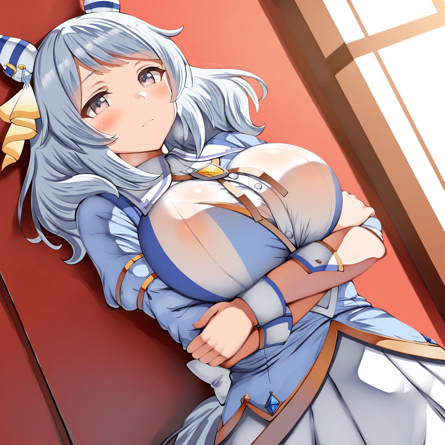 {{{masterpiece}}}, {{{highest quality}}}, {{Very detailed}}, {shape}, {{{1 boy,   between breasts}}}, lucy heartfilia, Blonde girl with  twintails gives , Blonde Hair, Long Hair,  Blue Ribbon, Big ample breasts, Earrings, throw, My chest feels tight, Wet  , Cleavage, Bedroom, Sweaty, Big Breasts, Moving lines, Mischievous Smile, belly button,Secretion of milk, milk, get wet, large breasts, black thighhighs, detached sleeves, midriff, cropped vest, strapless, belt, black skirt,