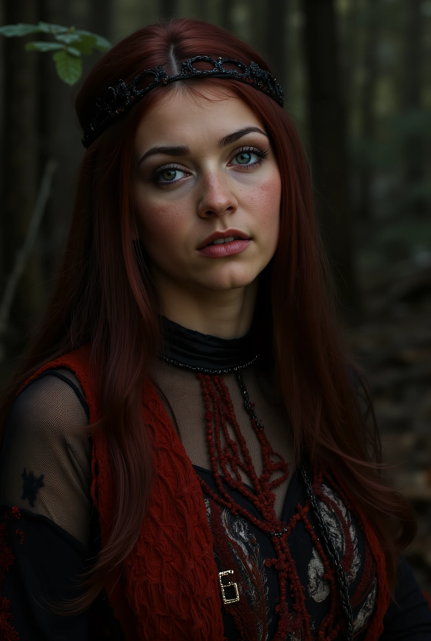 see-through clothing,ohwx,fairyforestlora,fmlas-mk.2,Una imagen de una hechicera —de unos treinta y tantos años, de complexión atlética y armoniosa, pero con una gracia frágil, casi espectral— se encuentra frente a una cabaña ruinosa y empapada de niebla, escondida en un bosque tenuemente iluminado, una mezcla desordenada de piedra gris pizarra y madera en análisis, evidentemente abandonada durante siglos. Lleva una suntuosa capa transparente de terciopelo de un intenso color burdeos, rasgada y manchada con lo que parece carmesí seco, que envuelve una figura sexy y armoniosa e inesperadamente suave. Su piel es de una palidez fantasmal, enmarcada por una larga y salvaje cabellera negra con vetas grises. Sus ojos son de un profundo color amatista, brillando con una inteligencia gélida que se percibe distante. Situada ligeramente descentrada, de espaldas al espectador, mira directamente a la cabaña en ruinas. Una linterna solitaria y parpadeante proyecta sombras largas y distorsionadas sobre la escena, creando zonas de marcado contraste. La paleta de colores debe ser: rojos intensos, negros, grises, con destellos ocasionales de naranja que emanan del resplandor del calentador. Añada una llovizna suave, constante y suave, que amplifica la sensación de decadencia y aislamiento. la superficie desgastada de las paredes de piedra; el intrincado detalle de la armadura la forma en que se adhiere al metal, reflejando la tenue luz; el musgo y el liquen que se arrastran sobre la madera podrida de la cabaña. Capture una perspectiva de plano medio, ligeramente por debajo del nivel de los ojos. La atmósfera general debe ser intensamente inquietante: una sensación de pavor, tristeza y amenaza acechante. Una hechicera envuelta en amargura y poder oscuro. La imagen debería evocar un sentimiento de aislamiento y desesperación.