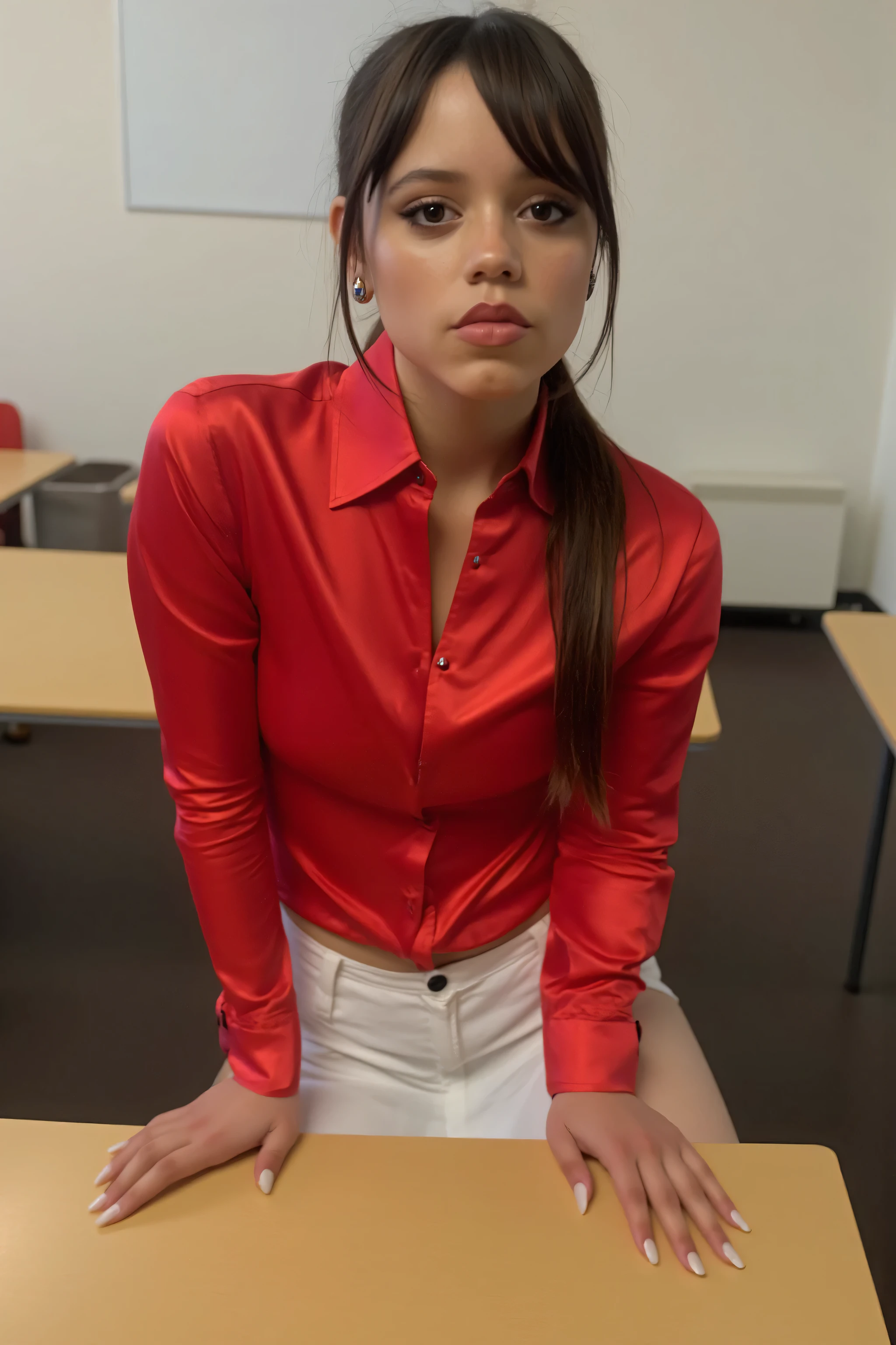 Amateurfoto : Klassenzimmer : natural, 23-year-old French girl, blasse, white skin, shy smile,brown ponytail attached to the back of the head with a free forehead, shy smile, satin red slim tight shirt with collar, nicht eingesteckt, and white ones, schmale Lederhose. Sie kniet nieder, to pick up her pen from the floor, While looking directly at the camera